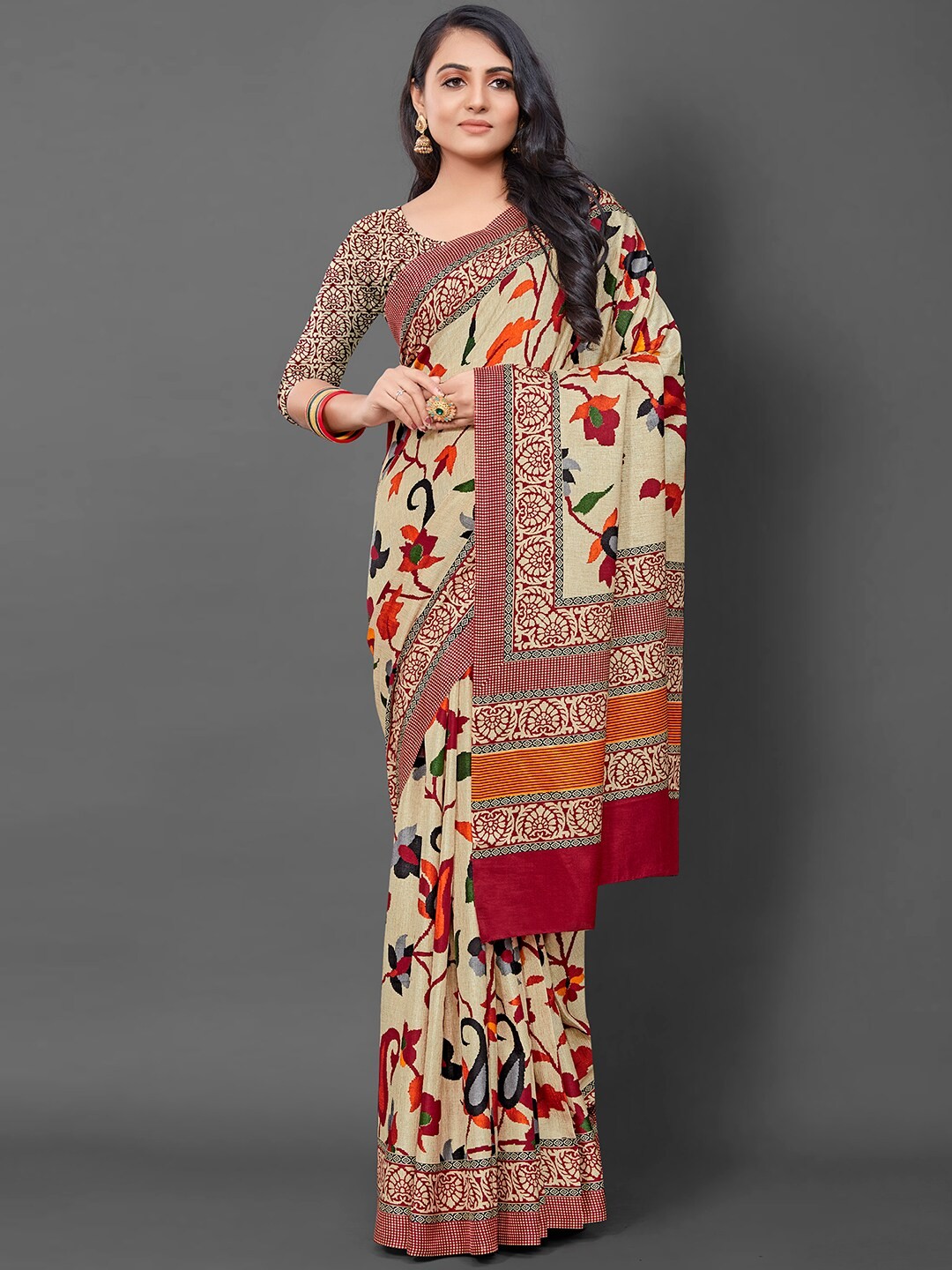 

KALINI Floral Printed Saree, Cream