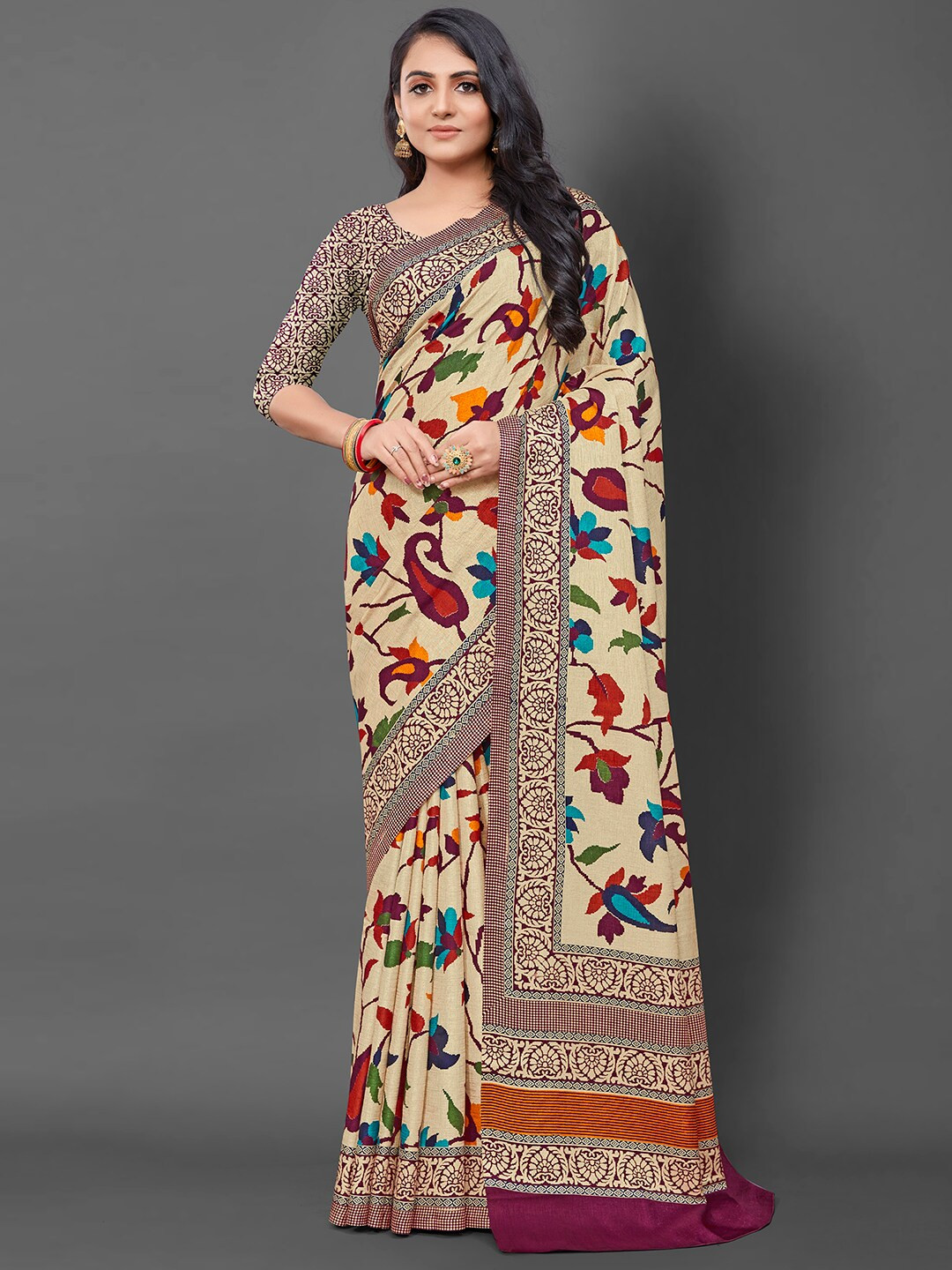 

KALINI Floral Block Print Saree, Cream