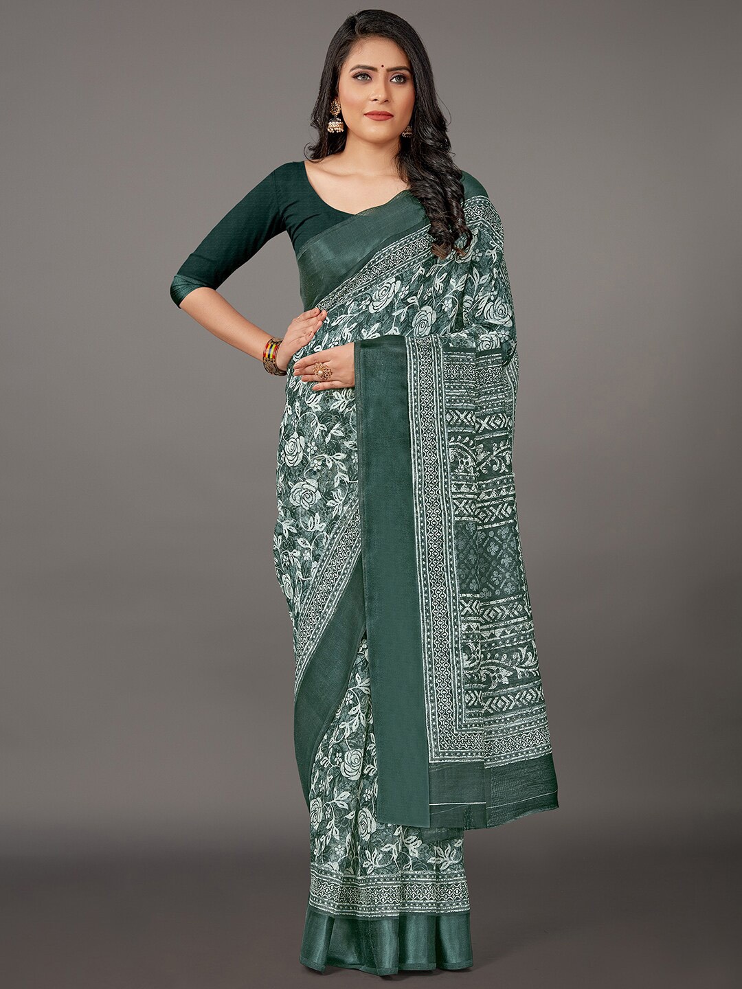 

KALINI Floral Block Print Saree, Sea green