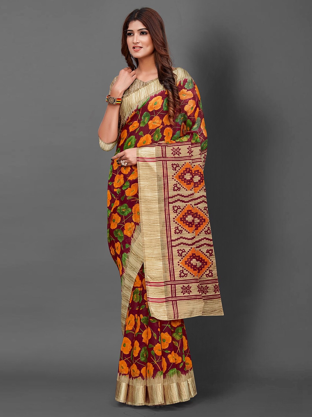 

KALINI Floral Printed Saree, Burgundy
