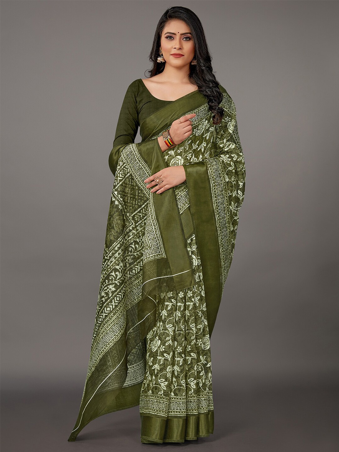 

KALINI Floral Printed Saree, Olive