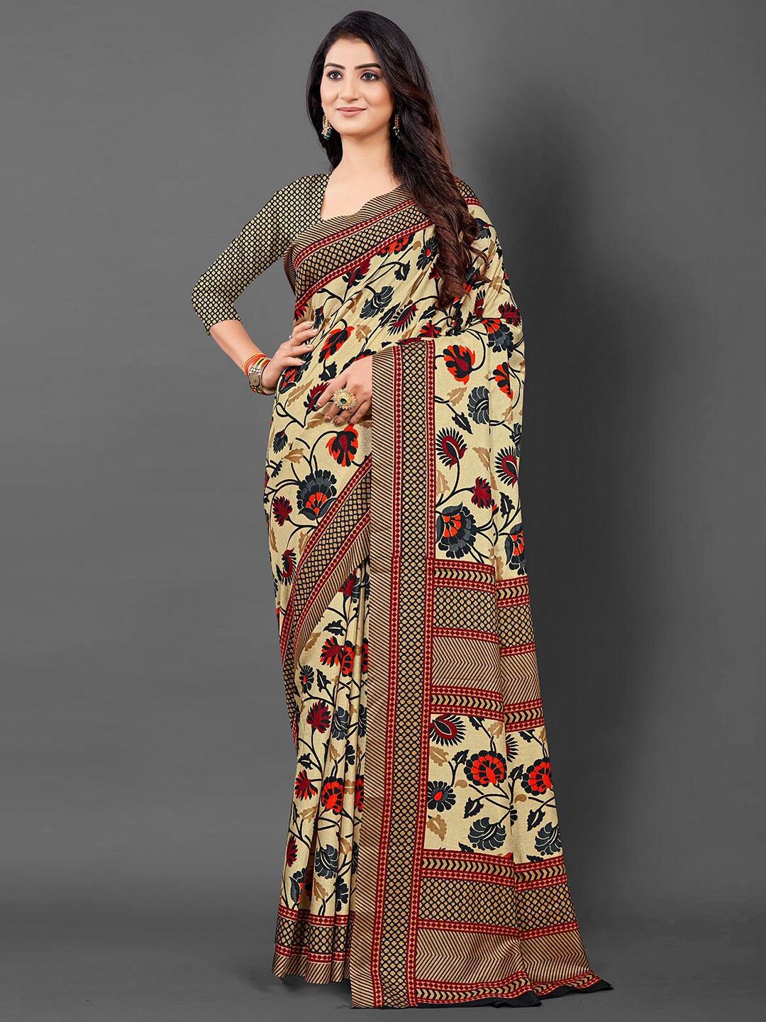 

KALINI Ethnic Motifs Printed Festive Saree, Cream