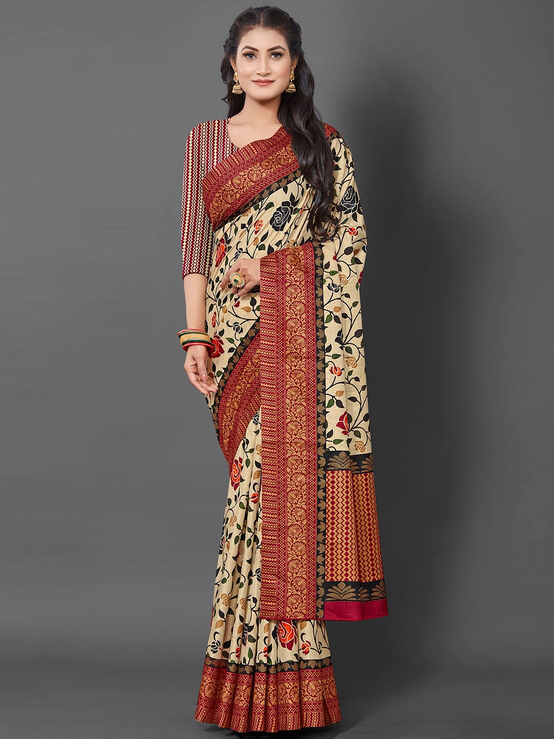 

KALINI Floral Printed Saree, Cream