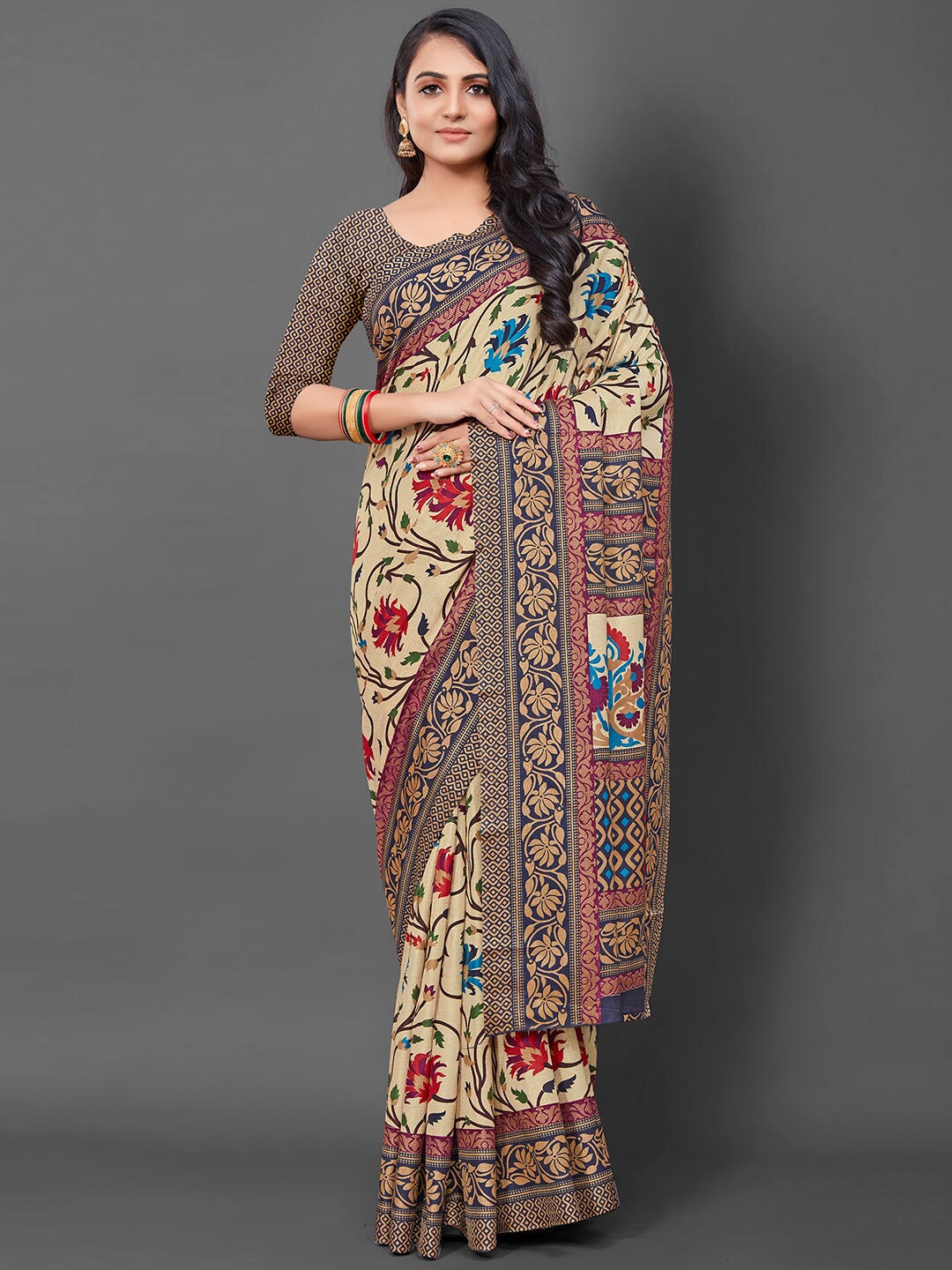 

KALINI Floral Block Print Saree, Cream