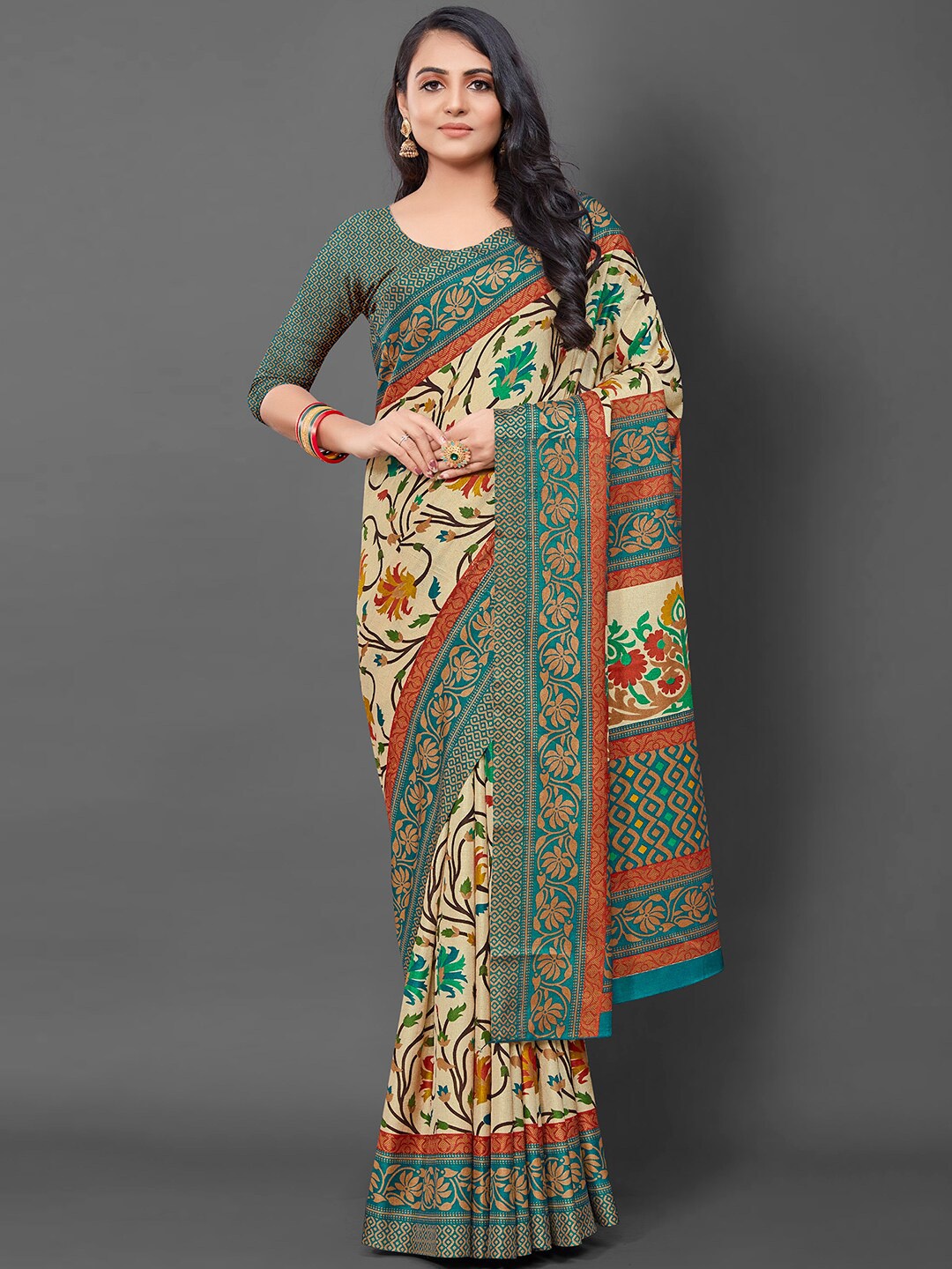 

KALINI Ethnic Motifs Block Print Saree, Cream
