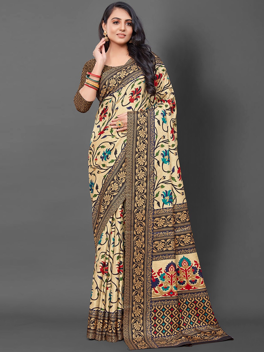 

KALINI Floral Block Print Saree, Cream
