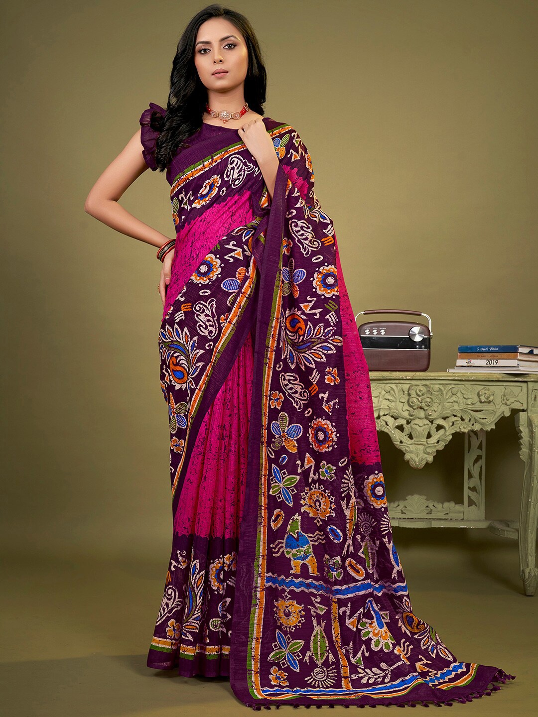 

KALINI Batik Printed Block Print Saree, Magenta