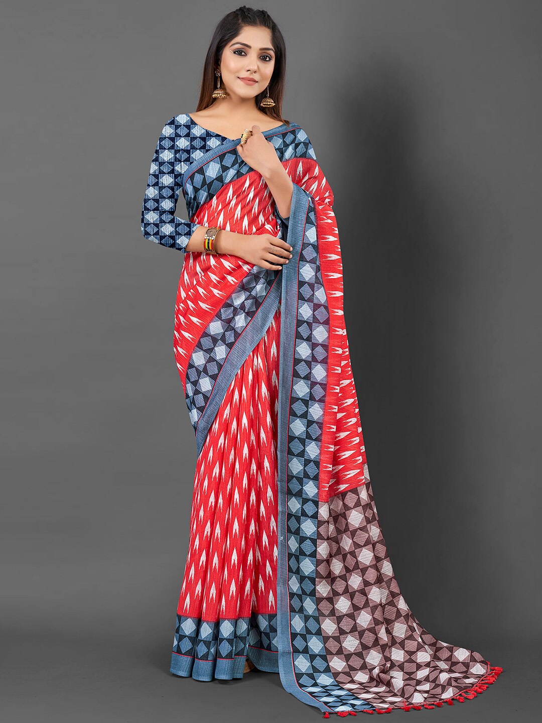 

KALINI Ikat Printed Saree, Red