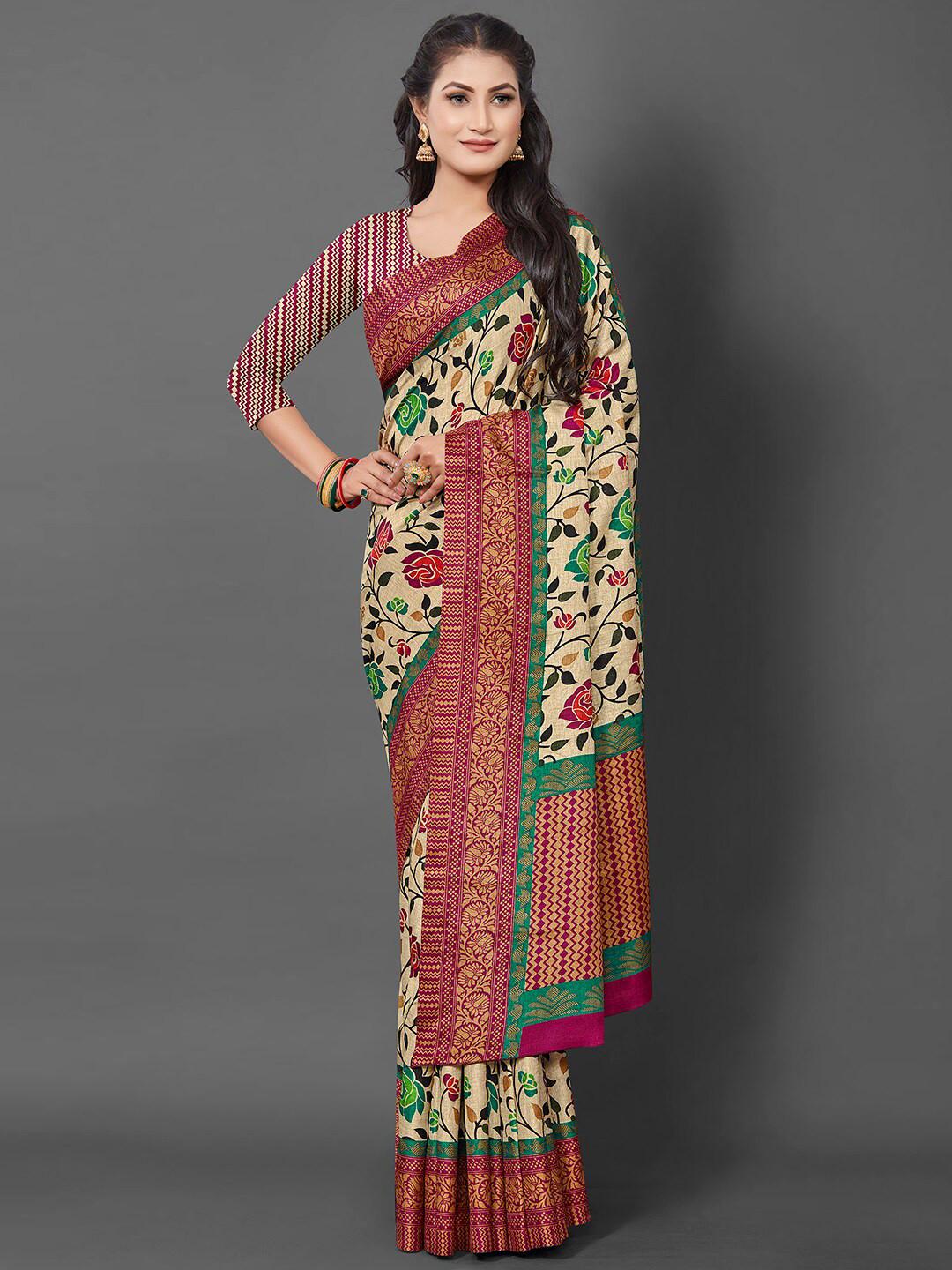 

KALINI Floral Printed Silk Blend Block Print Saree, Cream
