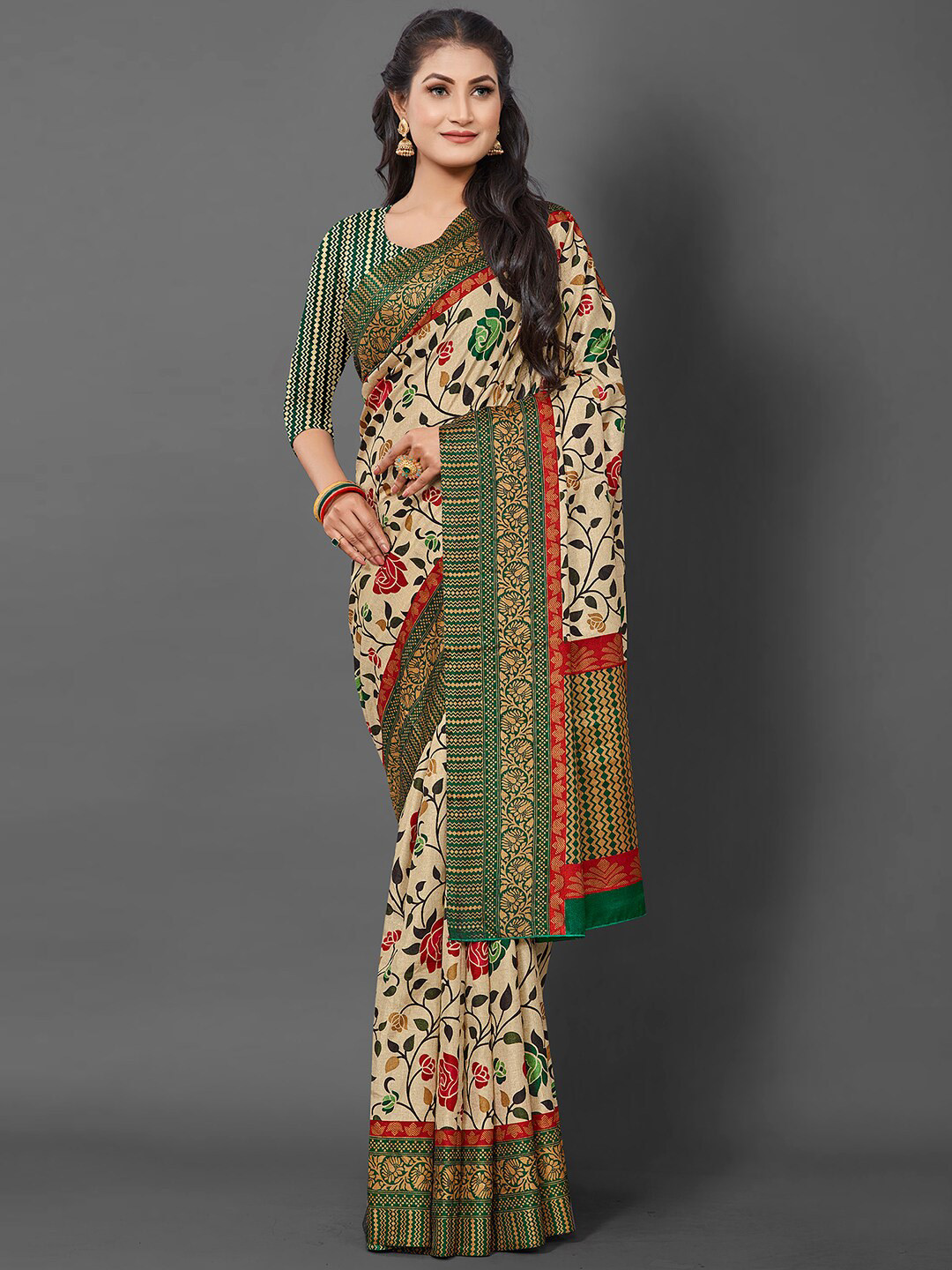 

KALINI Floral Printed Silk Blend Block Print Saree, Cream