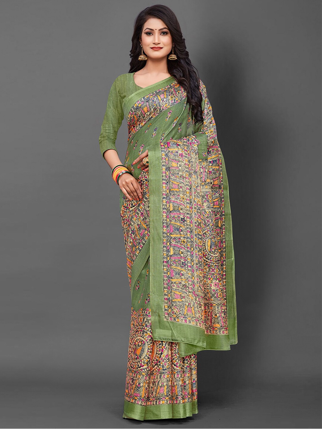 

KALINI Ethnic Motifs Printed Art Silk Tussar Saree, Green