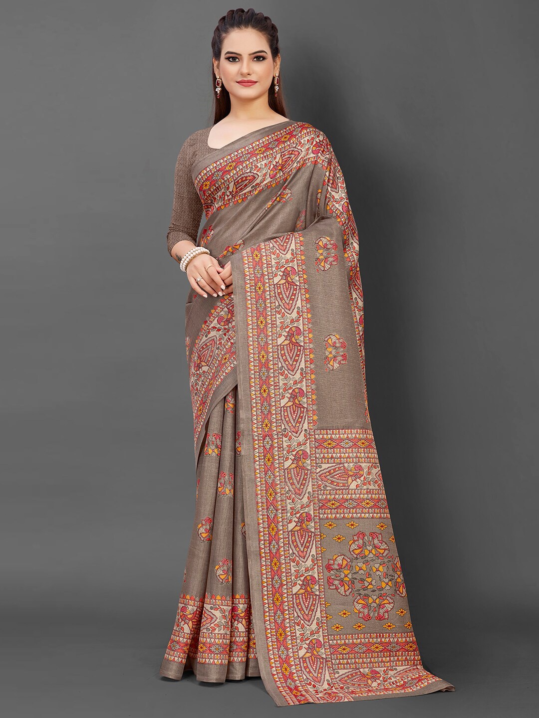 

KALINI Ethnic Motifs Printed Art Silk Tussar Saree, Grey