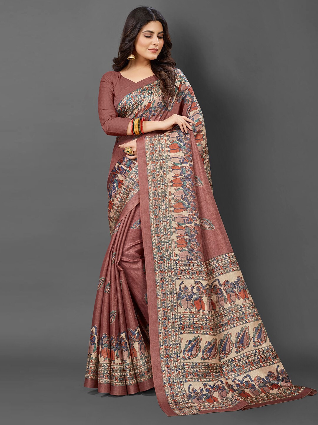 

KALINI Ethnic Motifs Printed Art Silk Tussar Saree, Mauve