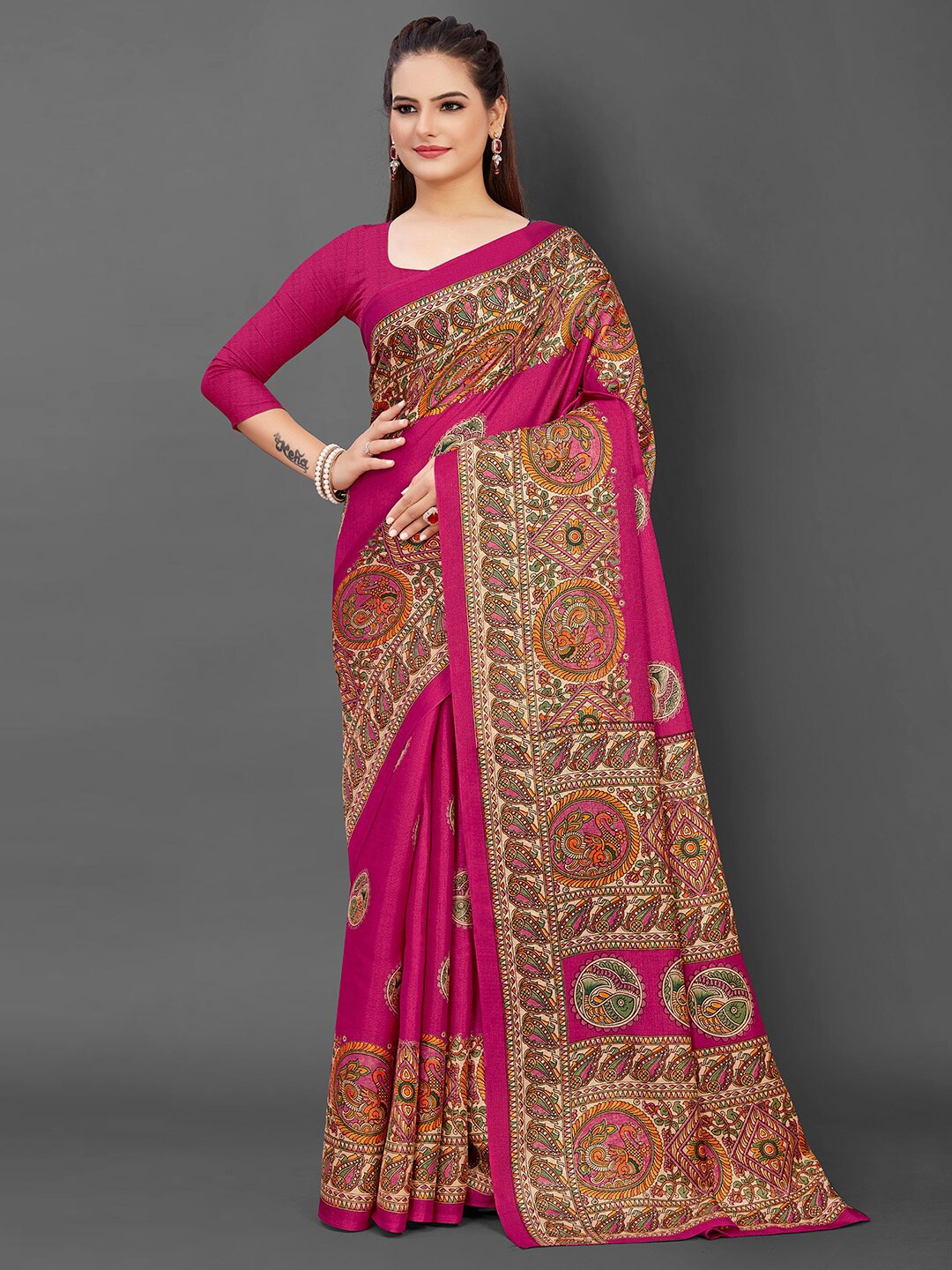 

KALINI Ethnic Motifs Printed Tussar Saree, Pink