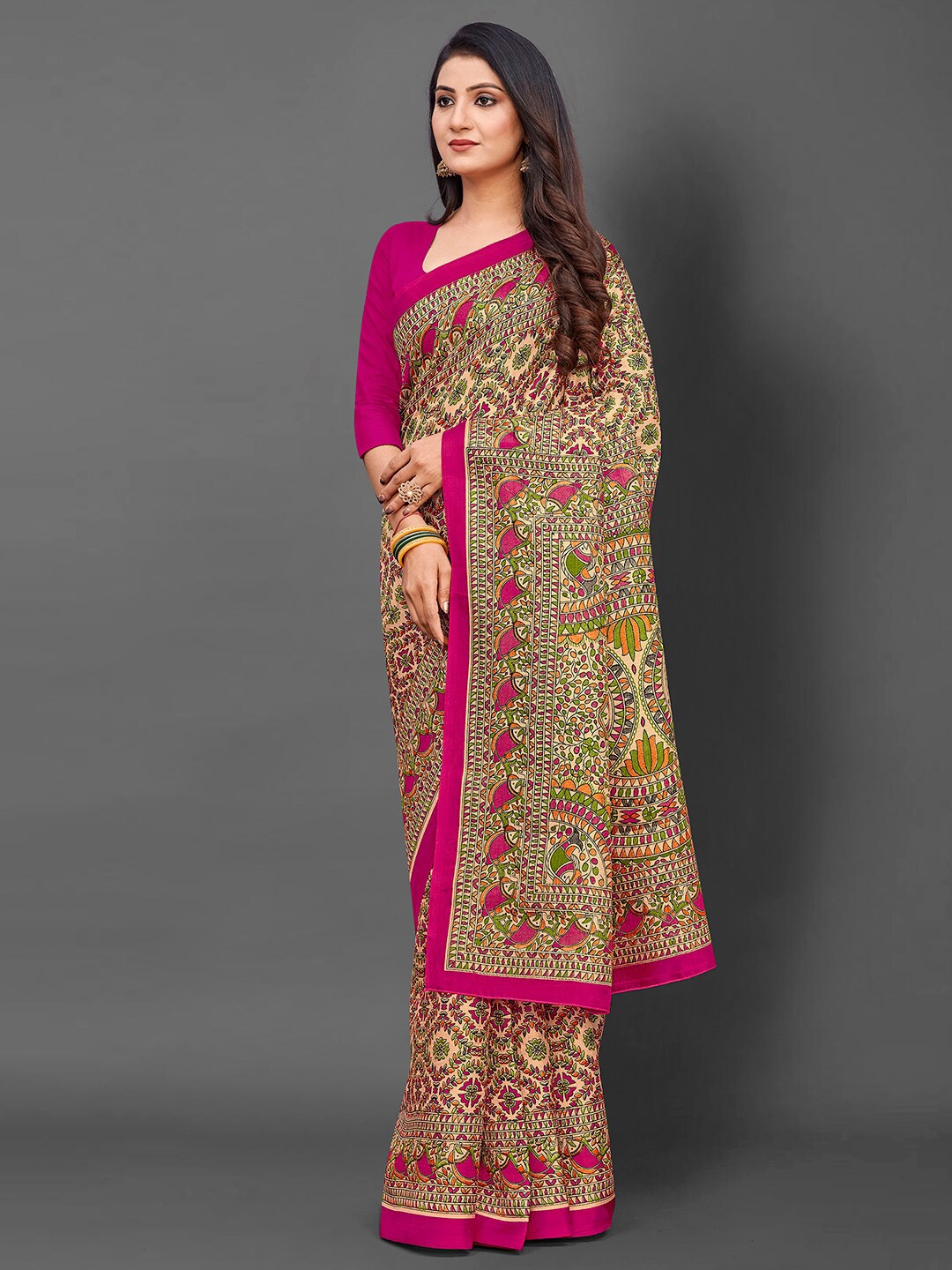 

KALINI Ethnic Motifs Printed Art Silk Tussar Saree, Cream