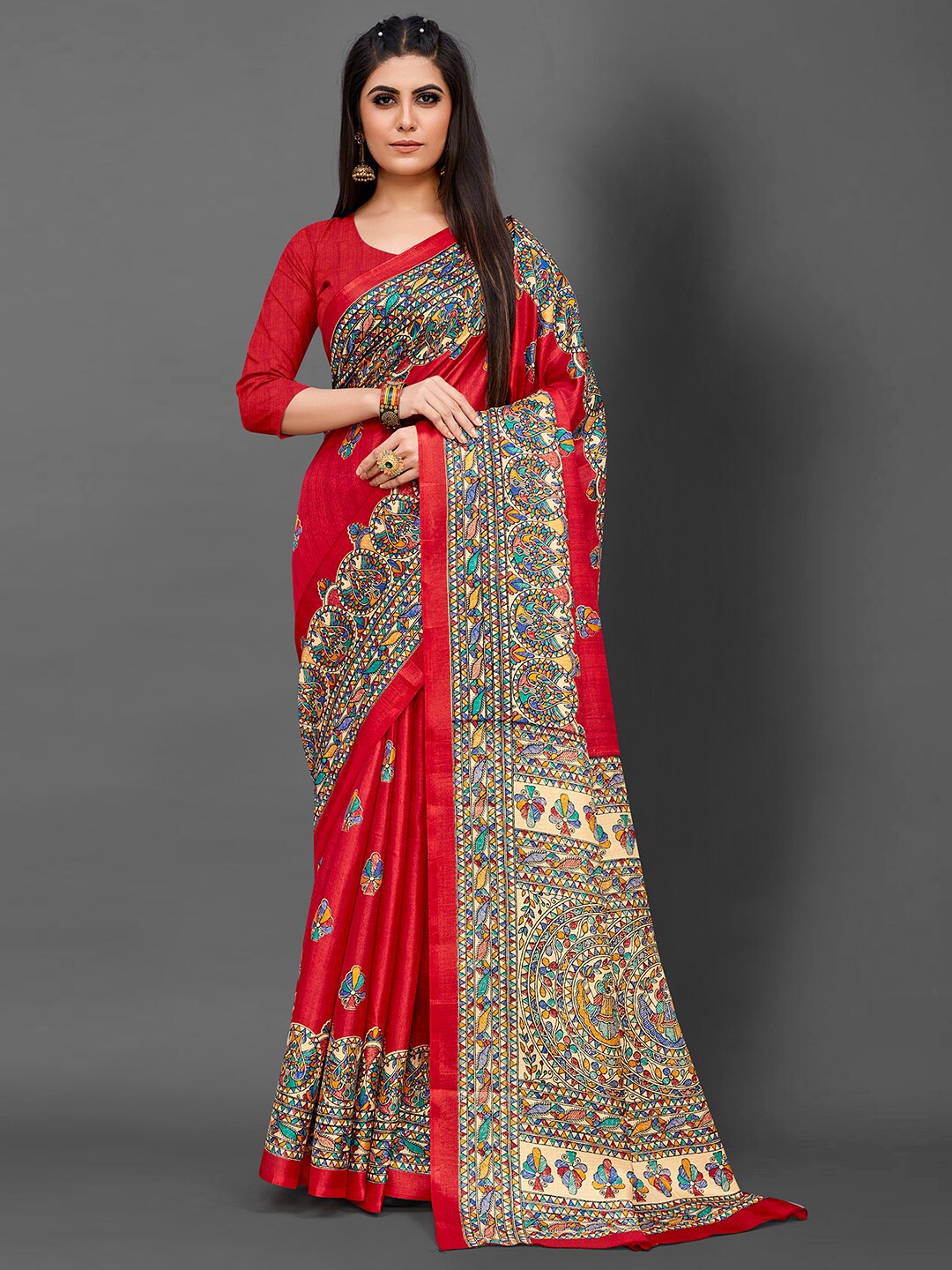 

KALINI Ethnic Motifs Art Silk Tussar Saree, Red