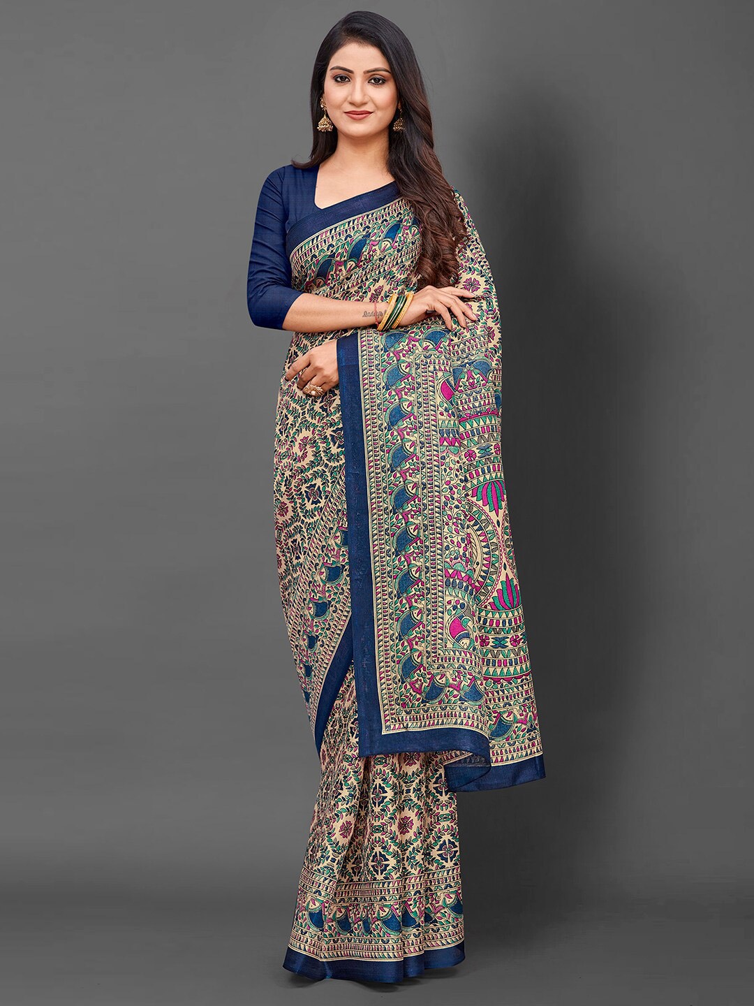 

KALINI Ethnic Motifs Printed Art Silk Tussar Saree, Cream