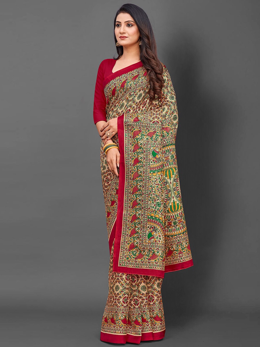 

KALINI Ethnic Motifs Printed Art Silk Tussar Saree, Cream