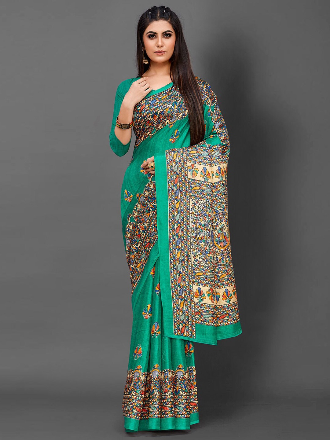 

KALINI Ethnic Motifs Printed Art Silk Tussar Saree, Sea green