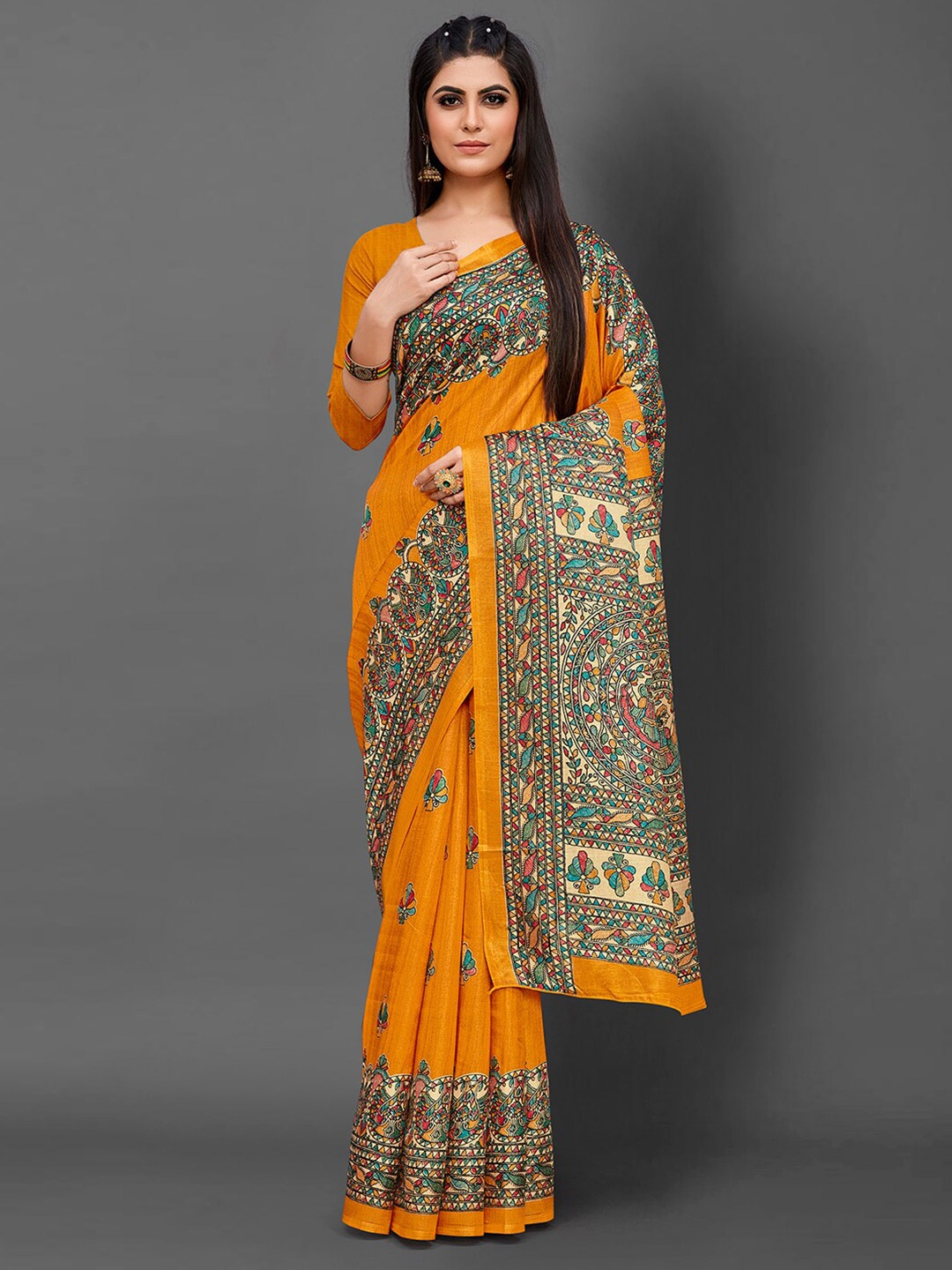 

KALINI Ethnic Motifs Printed Art Silk Tussar Saree, Mustard