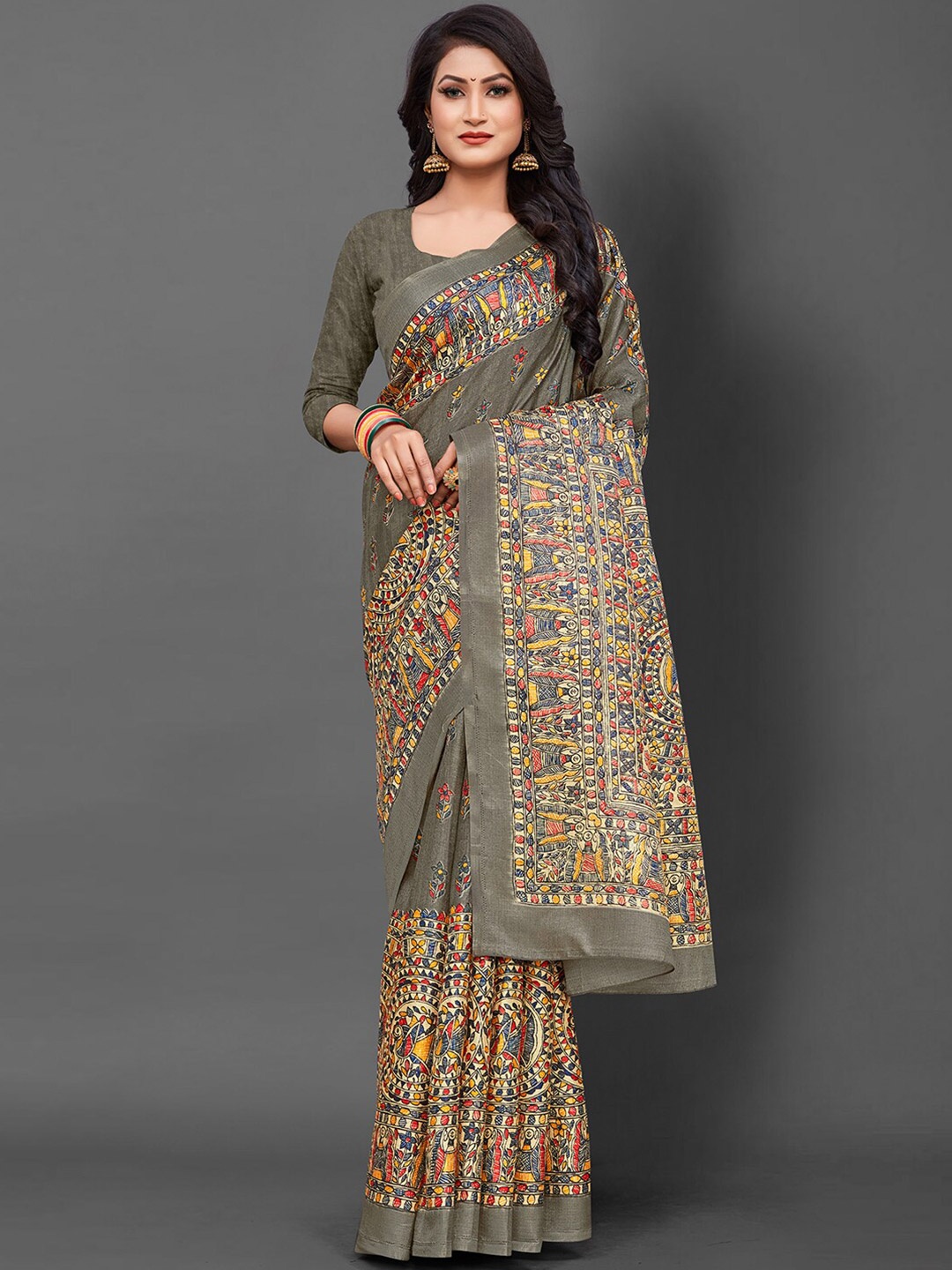 

KALINI Ethnic Motifs Printed Art Silk Khadi Saree, Grey
