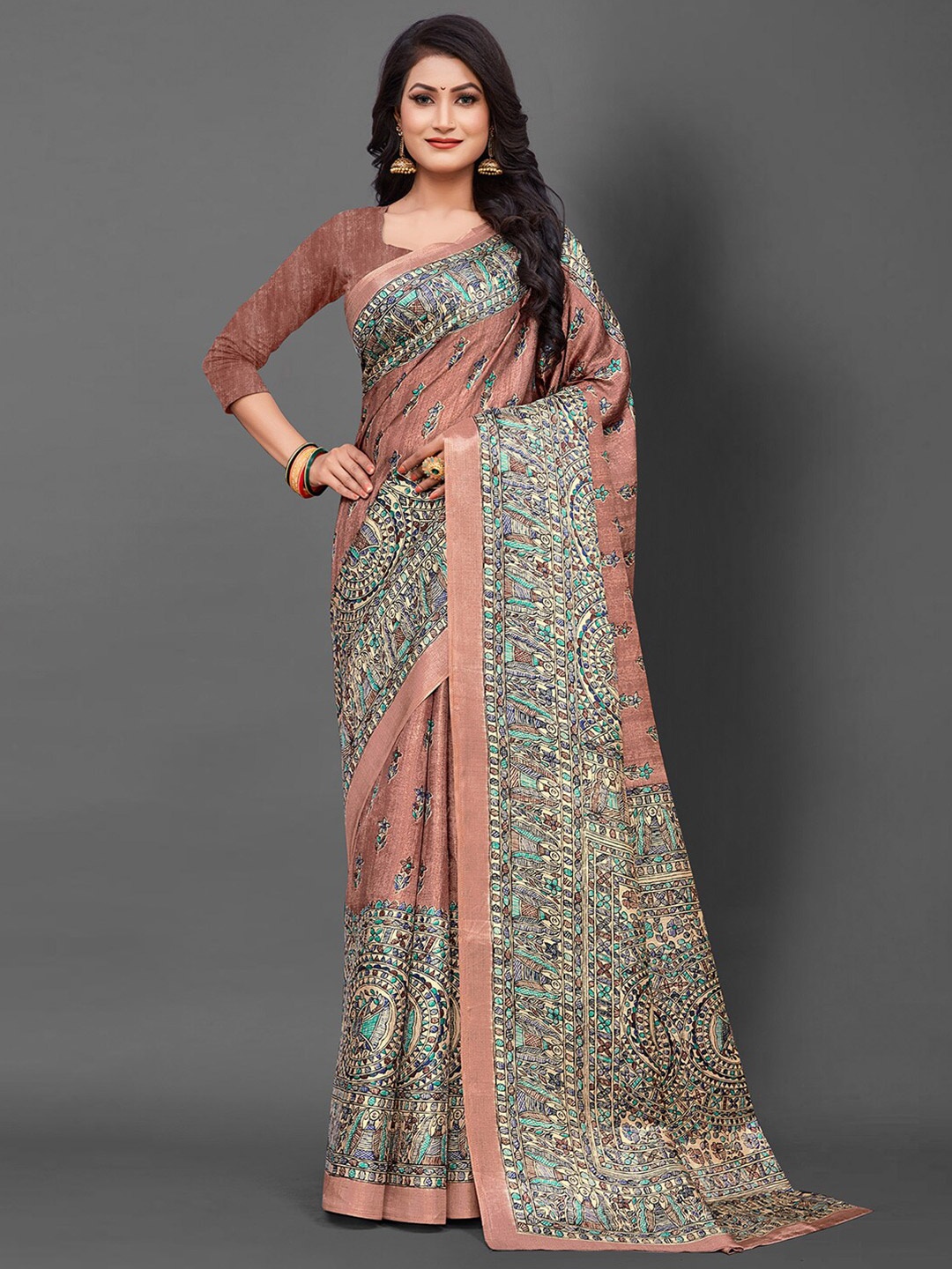 

KALINI Ethnic Motifs Printed Art Silk Tussar Saree, Peach