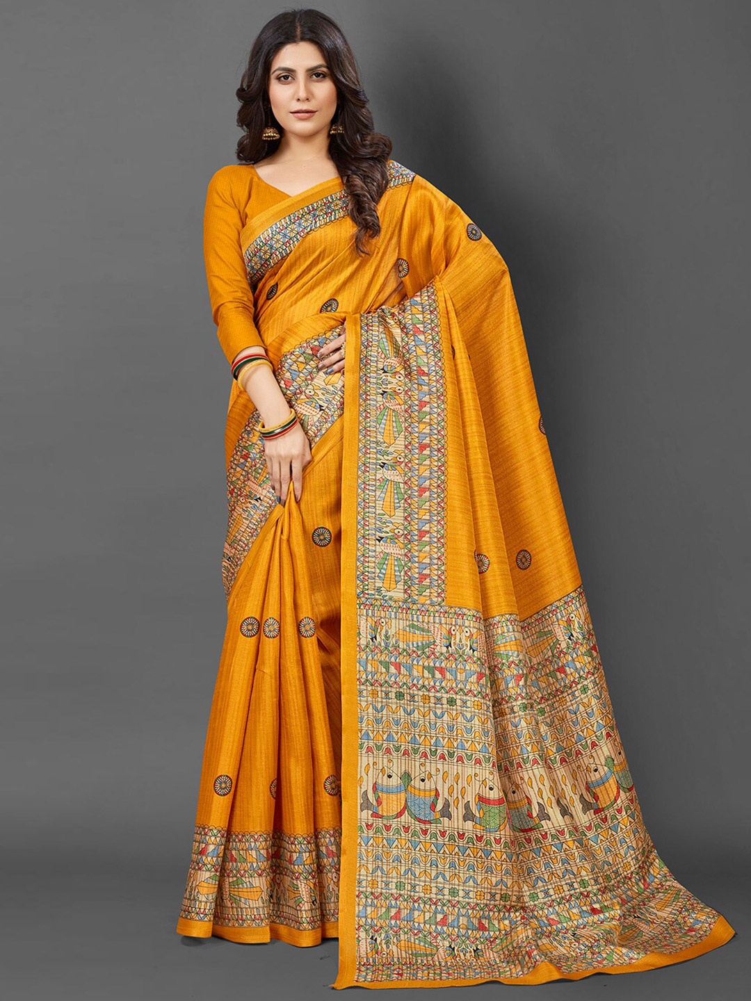 

KALINI Ethnic Motifs Printed Art Silk Tussar Saree, Yellow