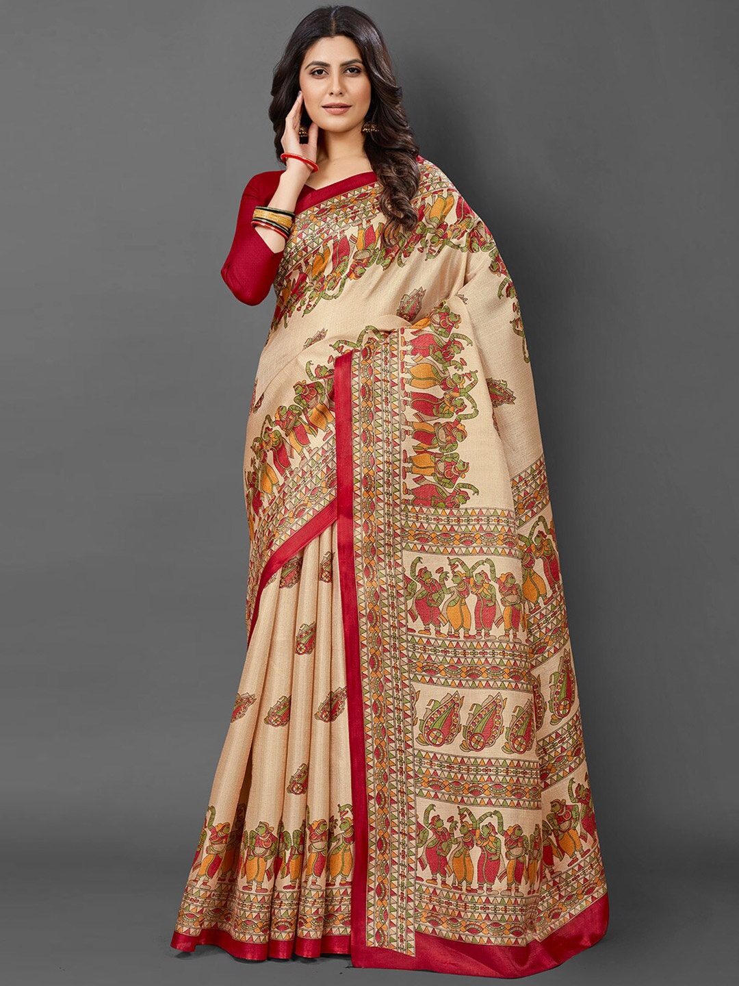 

KALINI Ethnic Motifs Printed Art Silk Tussar Saree, Cream