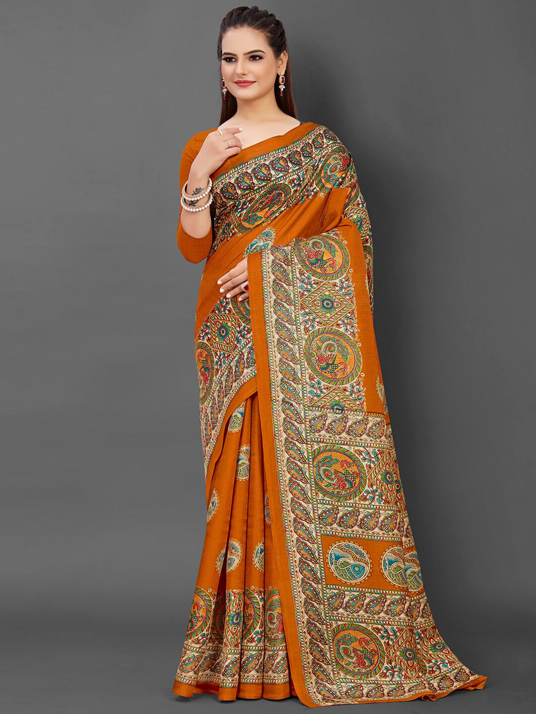 

KALINI Ethnic Motifs Printed Art Silk Tussar Saree, Orange