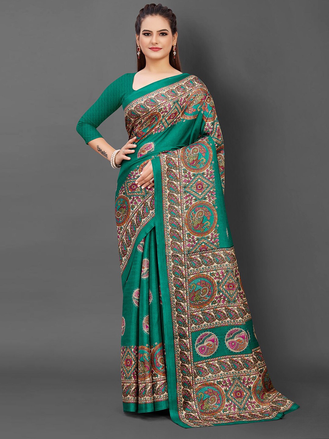 

KALINI Ethnic Motifs Printed Art Silk Tussar Saree, Teal
