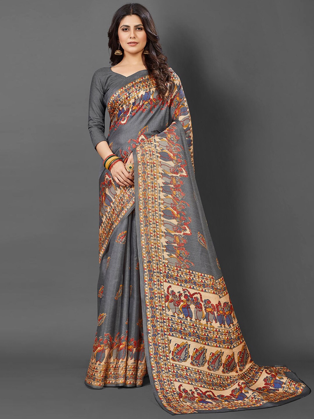 

KALINI Ethnic Motifs Art Silk Khadi Saree, Grey