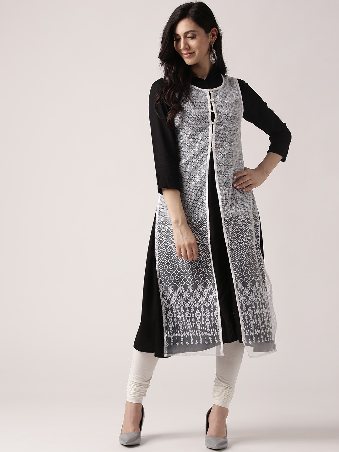 

IMARA Women Black & White Solid Layered A-Line Kurta