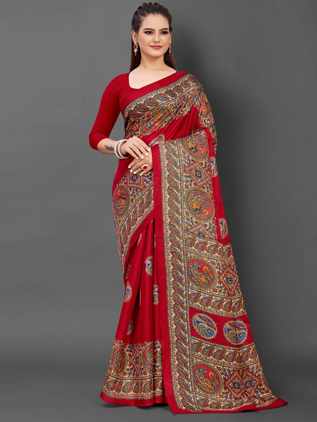 

KALINI Ethnic Motifs Printed Saree, Red