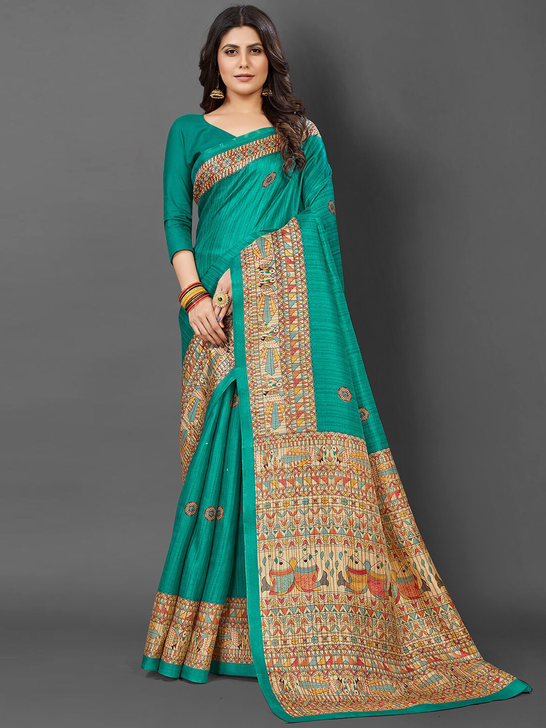 

KALINI Ethnic Motifs Art Silk Tussar Saree, Teal