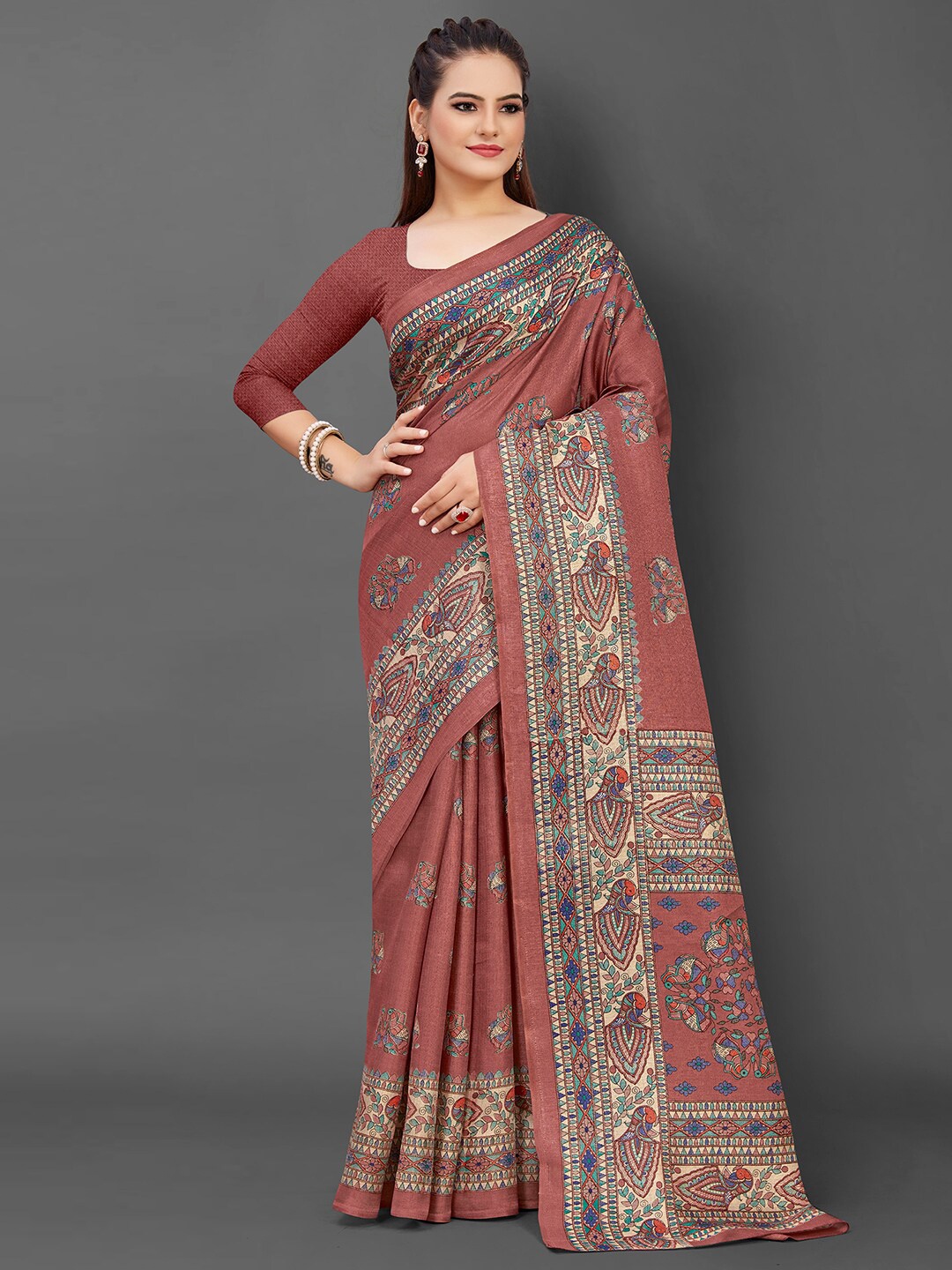 

KALINI Ethnic Motifs Tussar Saree, Rust