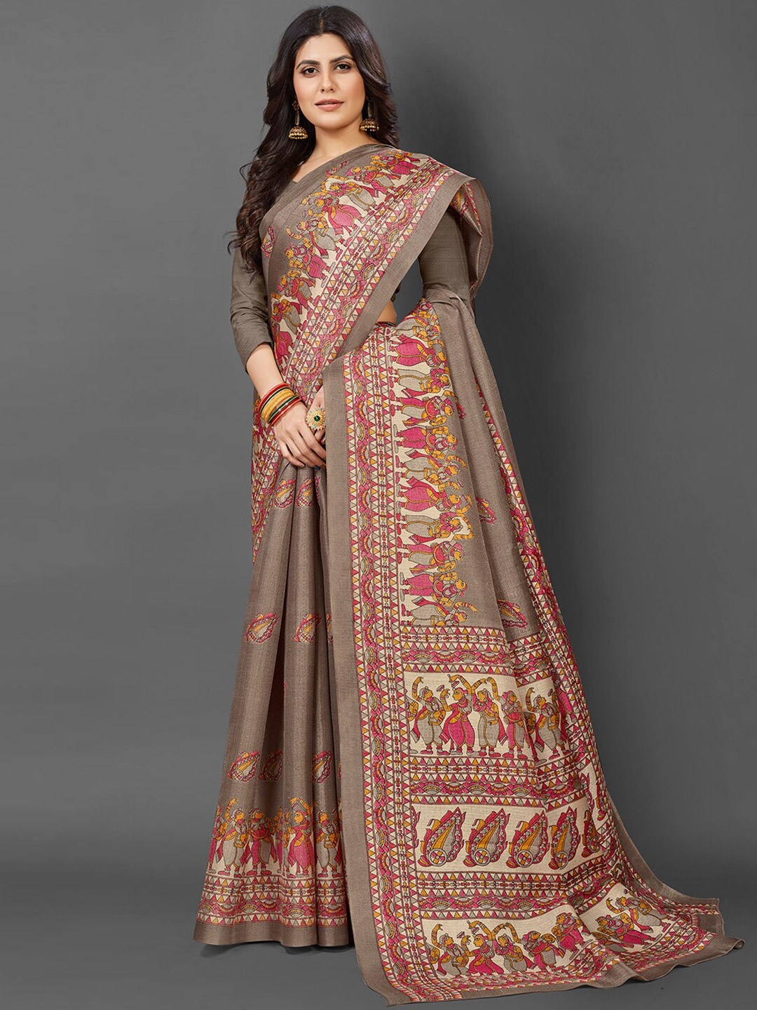 

KALINI Ethnic Motifs Printed Art Silk Tussar Saree, Grey