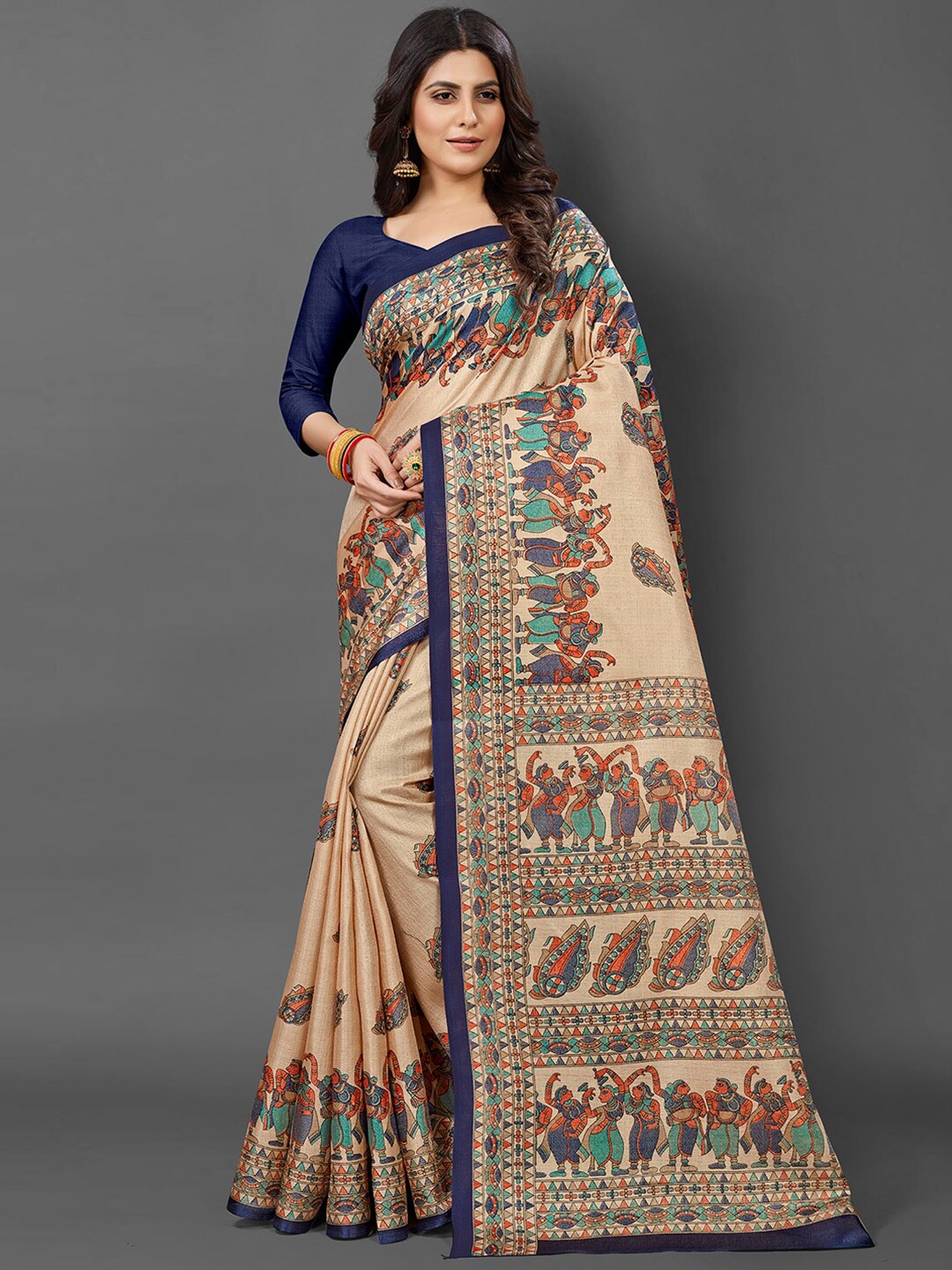 

KALINI Ethnic Motifs Tussar Saree, Cream