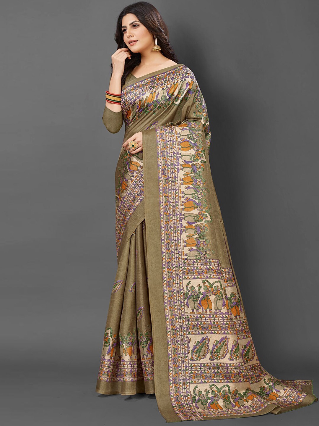 

KALINI Ethnic Motifs Printed Tussar Saree, Olive