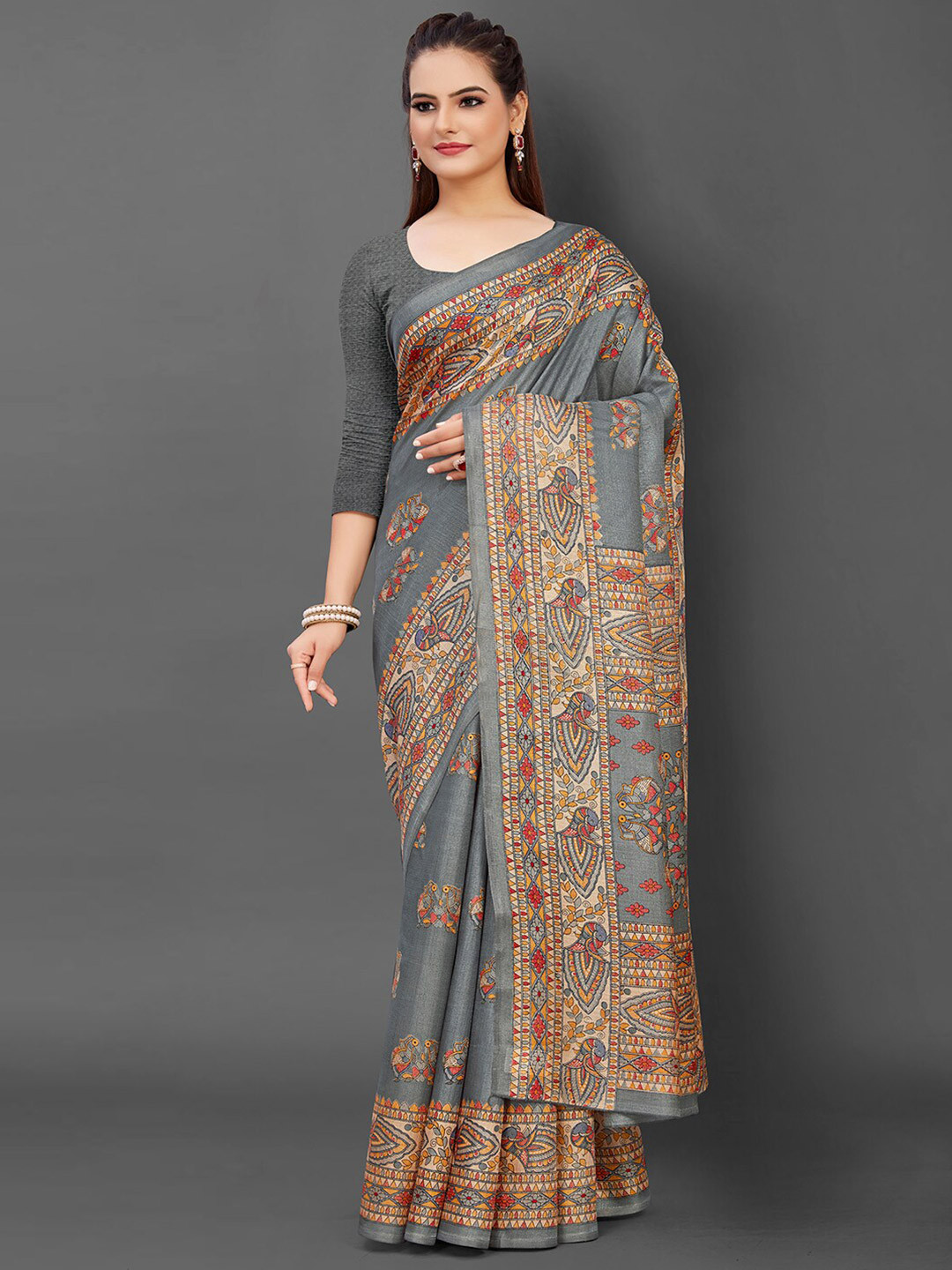 

KALINI Ethnic Motifs Art Silk Tussar Saree, Grey