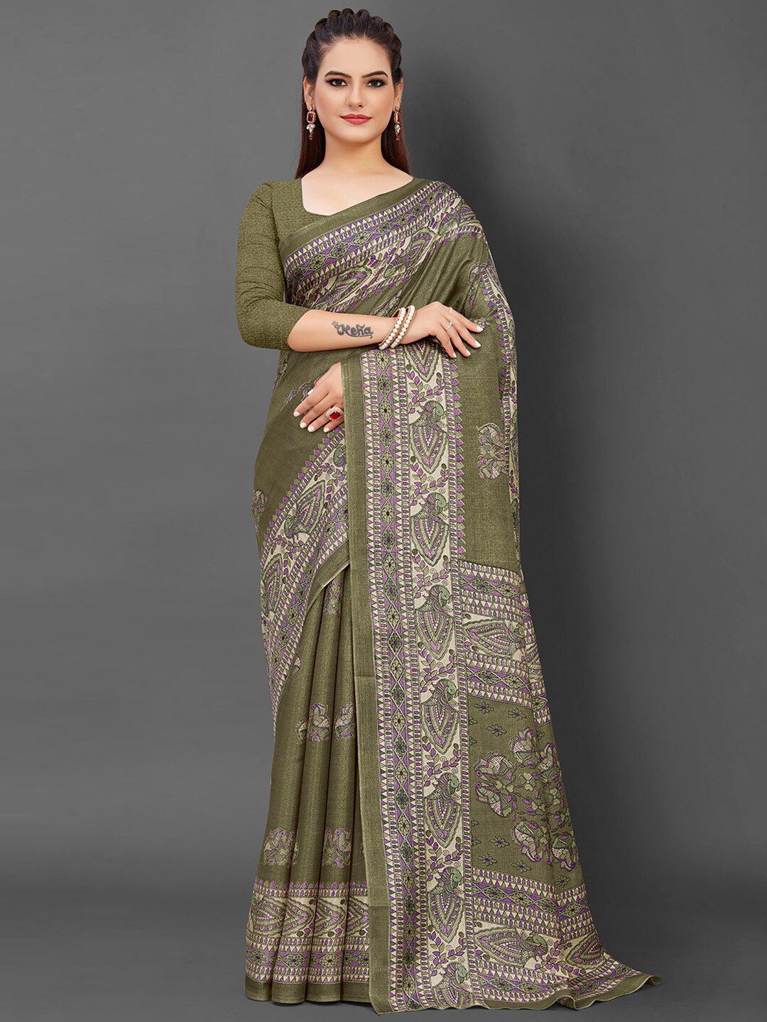 

KALINI Ethnic Motifs Printed Art Silk Saree, Olive
