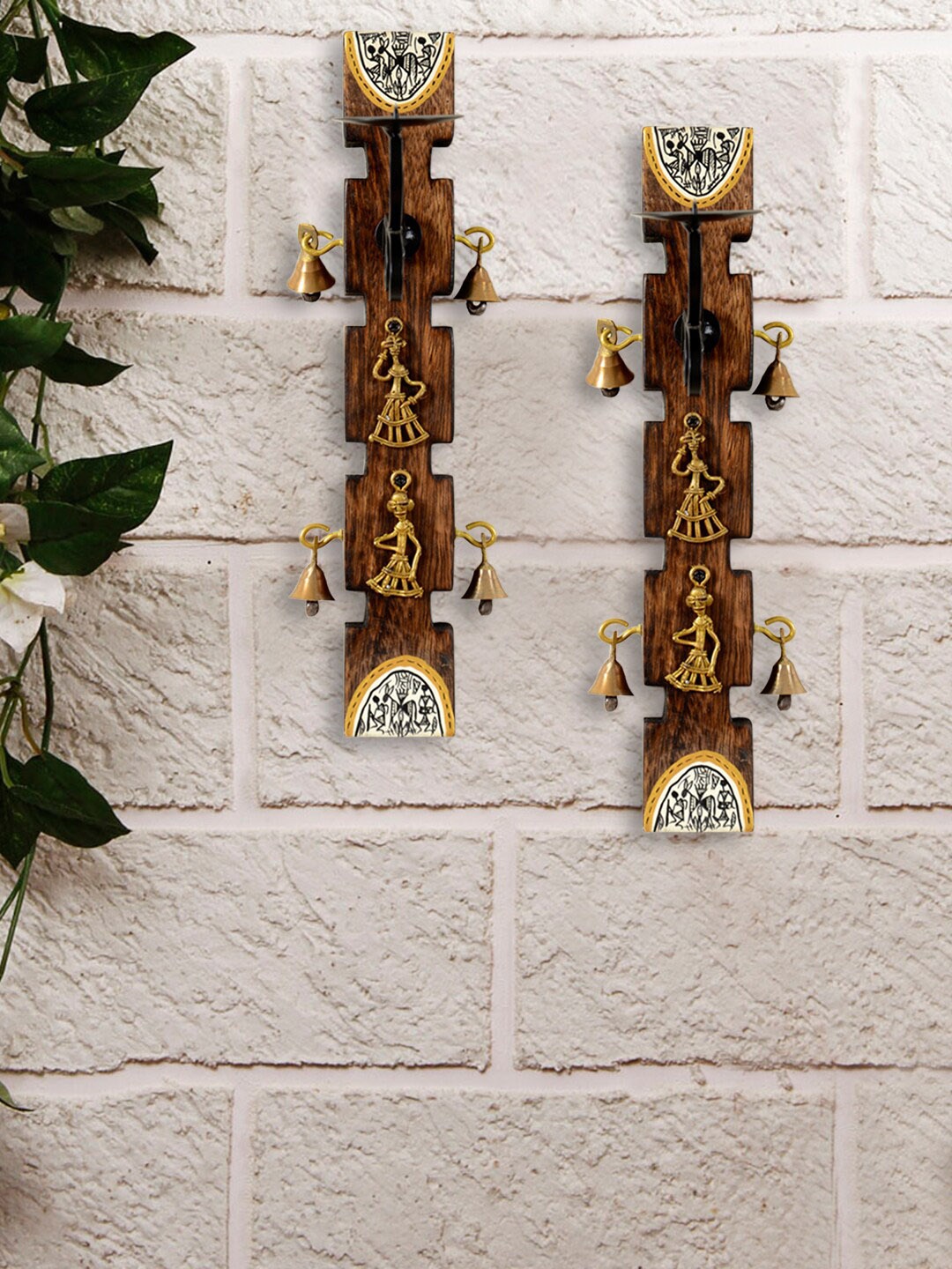 

ExclusiveLane Brown 2-Pieces Wooden Candle Holder With Dhokra & Warli Art