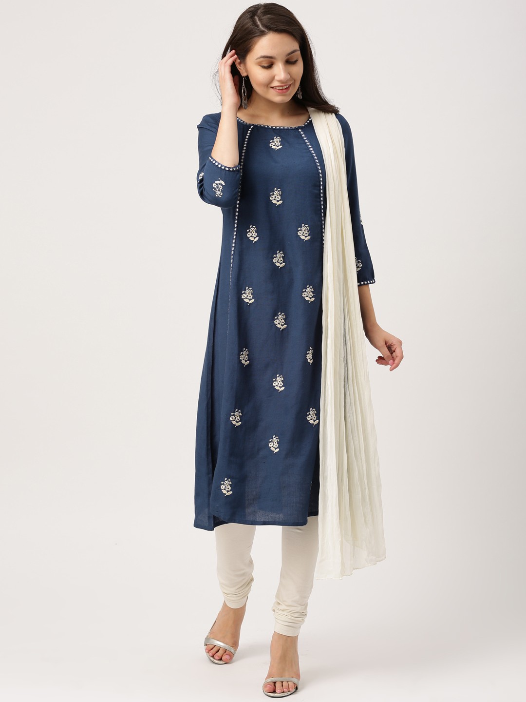 

IMARA Women Navy Blue & White Self Design Kurta Set with Churidar & Dupatta