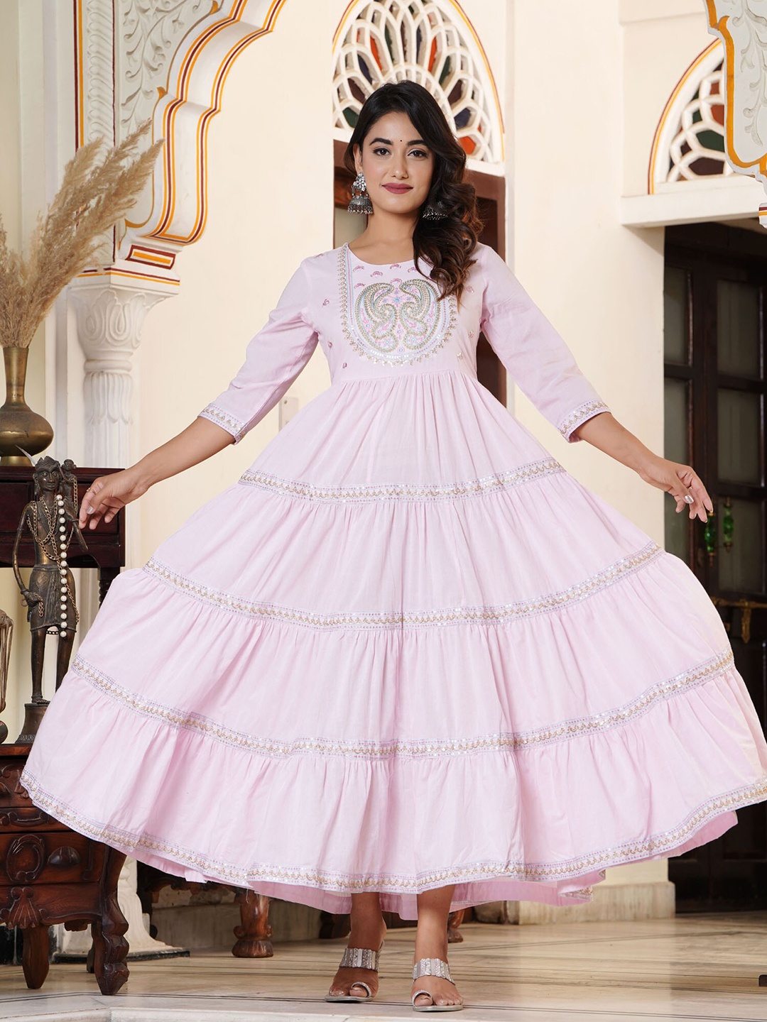 

PREKSHA Round Neck Embellished Cotton Fit & Flare Tiered Ethnic Dress, Pink