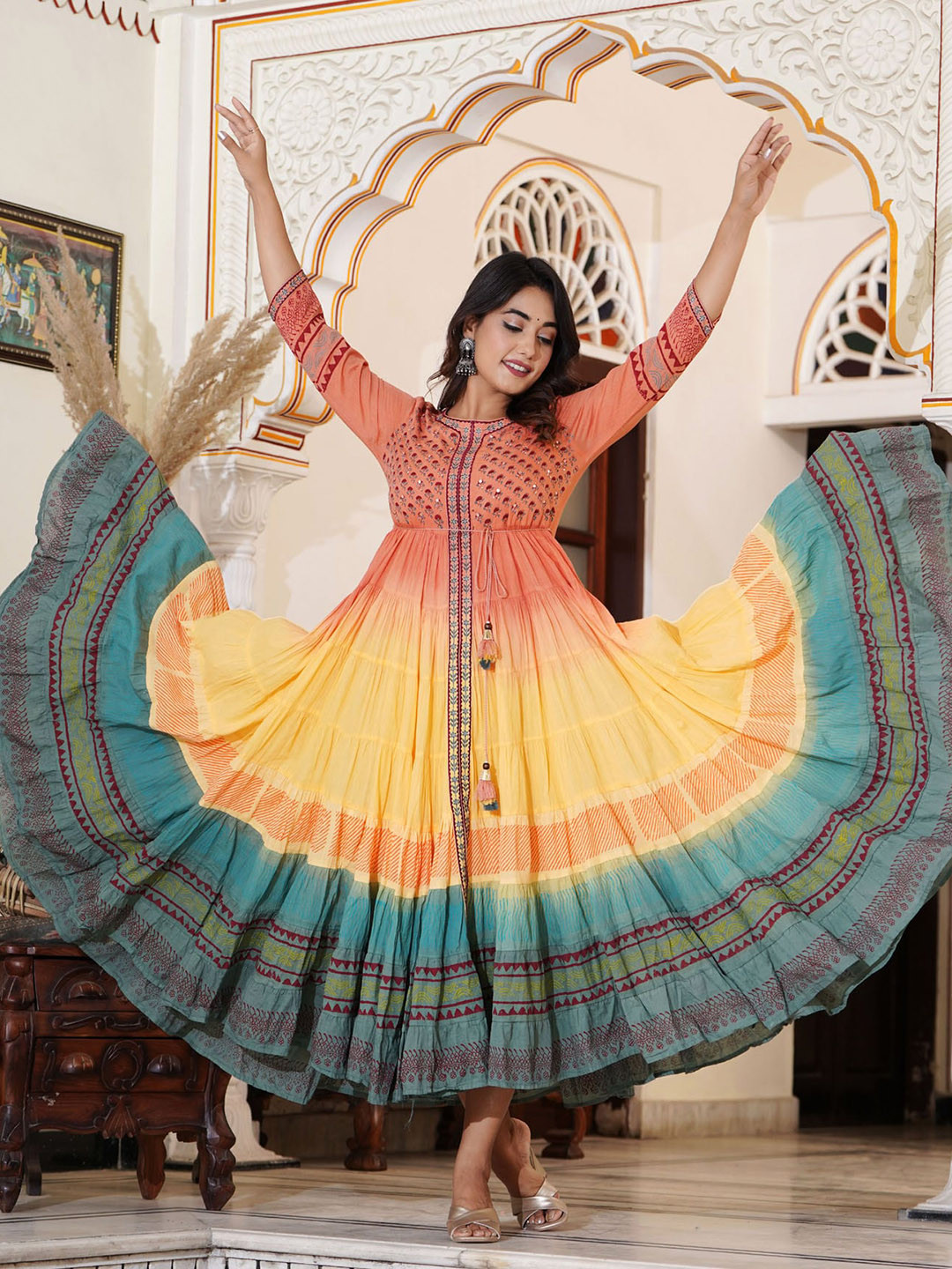 

PREKSHA Ethnic Motif Embroidred Mirror Work Anarkali Kurta, Orange