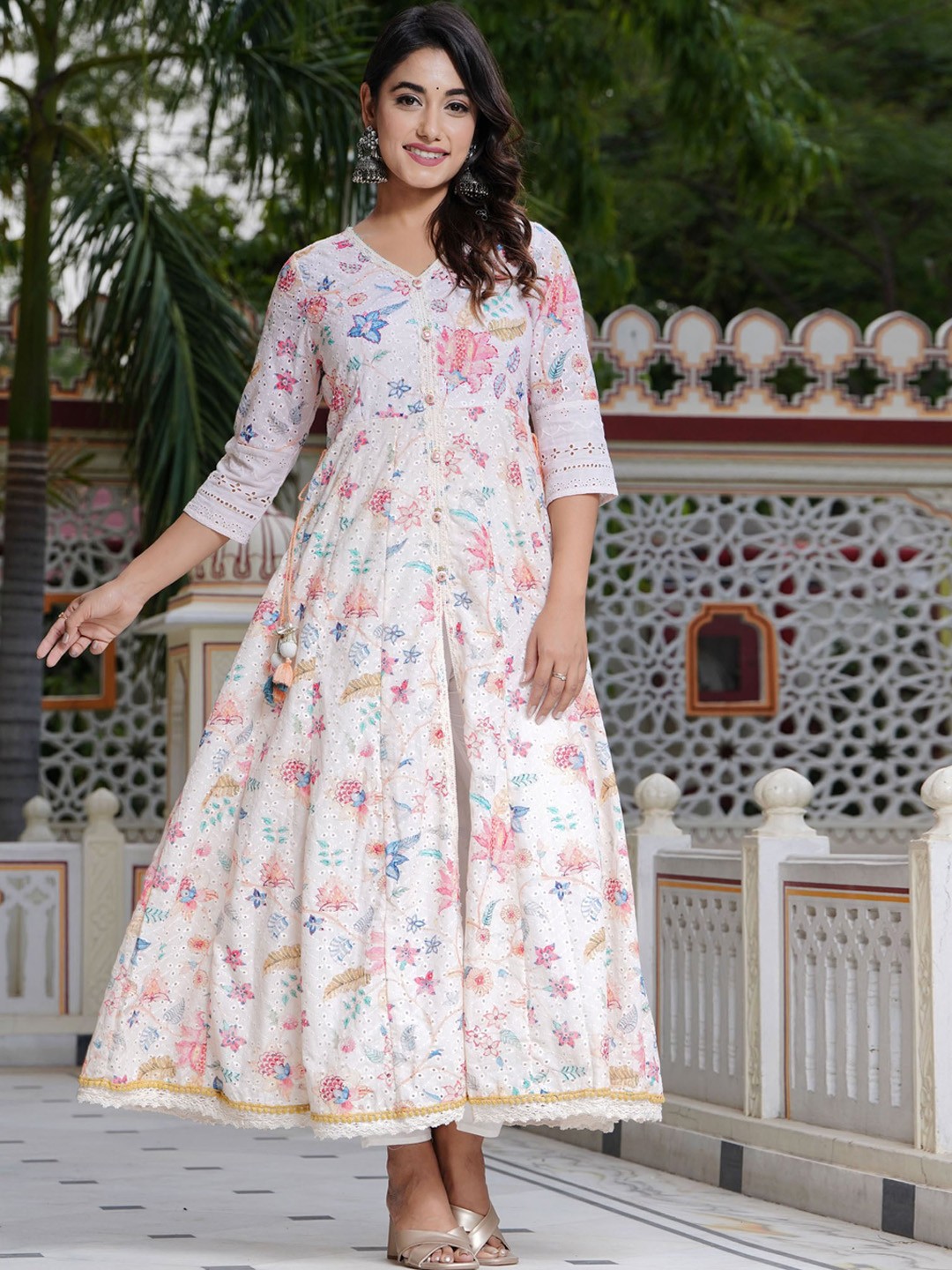 

PREKSHA Floral Printed Schiffli Anarkali Kurta, White