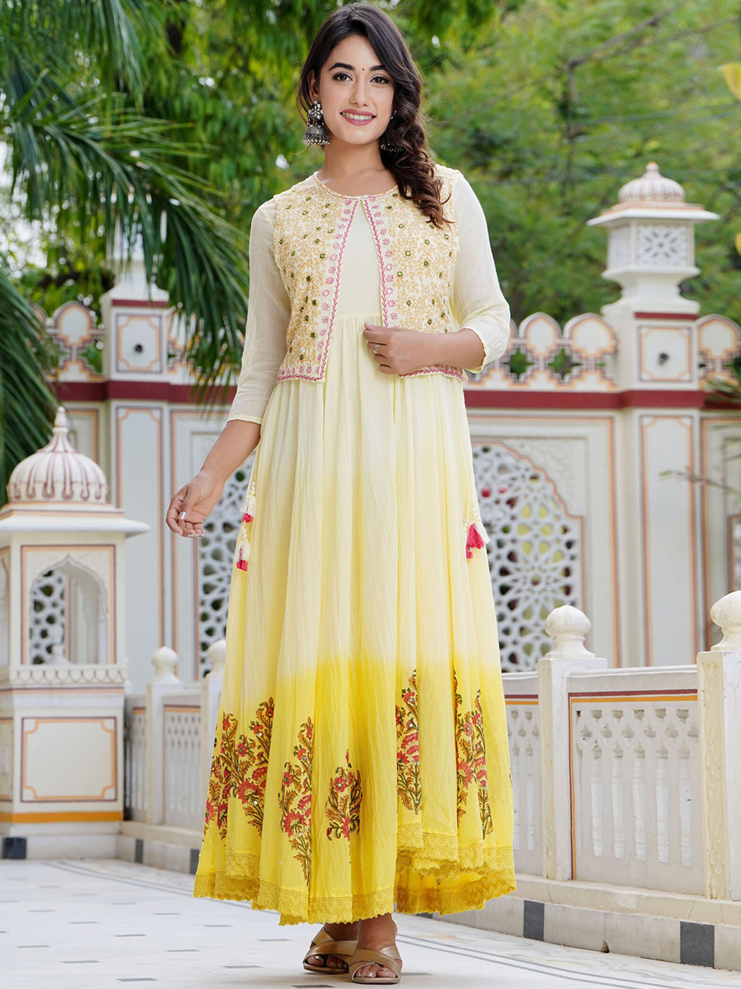 

PREKSHA Ethnic Motifs Printed Gathered Cotton Fit & Flare Ethnic Dress With Jacket, Yellow