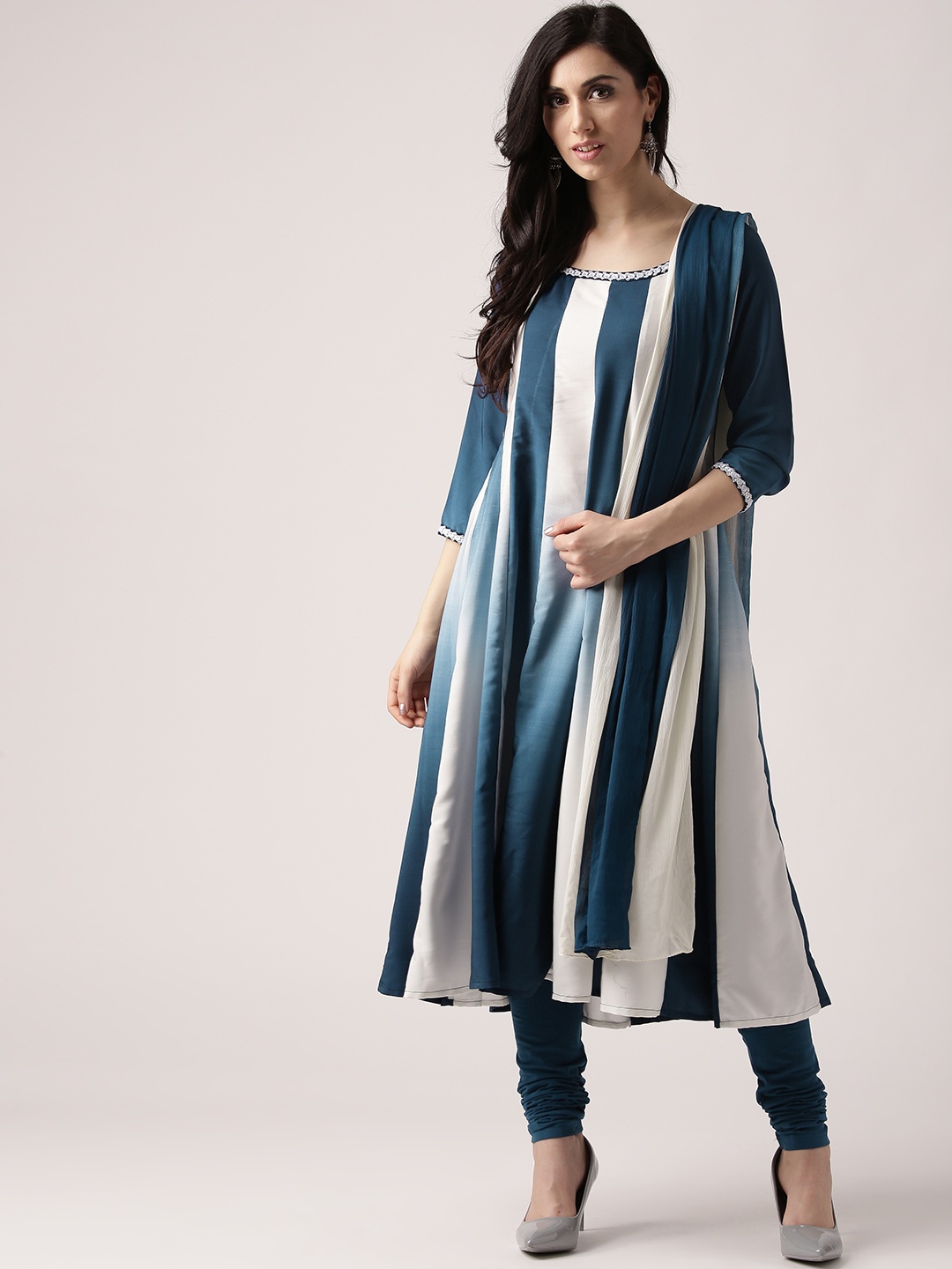 

IMARA Women White & Navy Striped Kurta with Churidar & Dupatta
