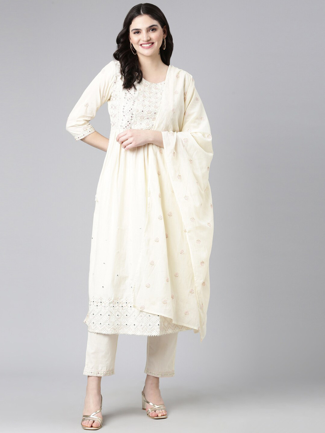 

Neerus Ethnic Motifs Embroidered Mirror Work Pure Cotton Kurta With Trousers & Dupatta, Cream