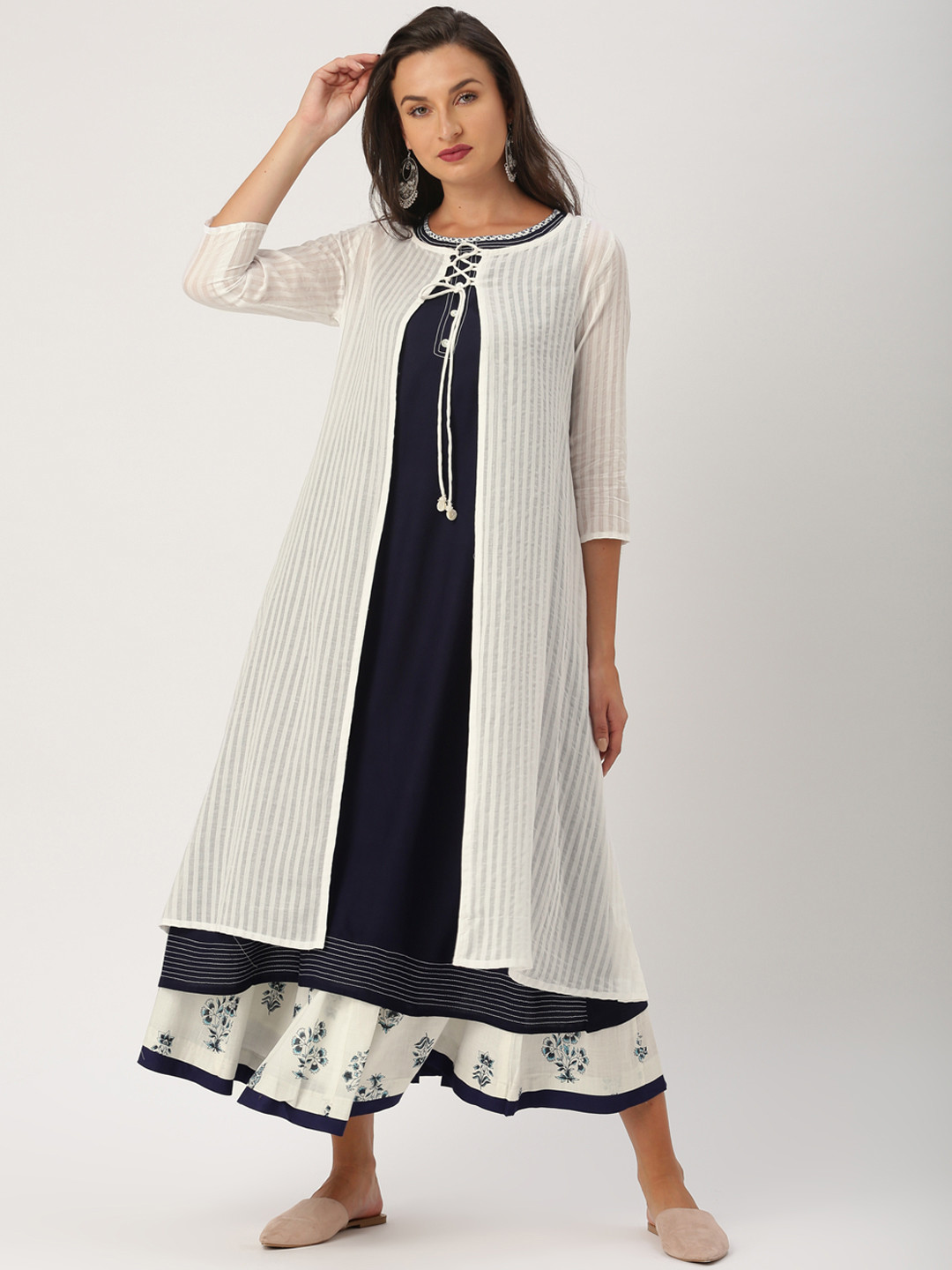 

IMARA Women White & Navy Blue Solid A-Line Kurta