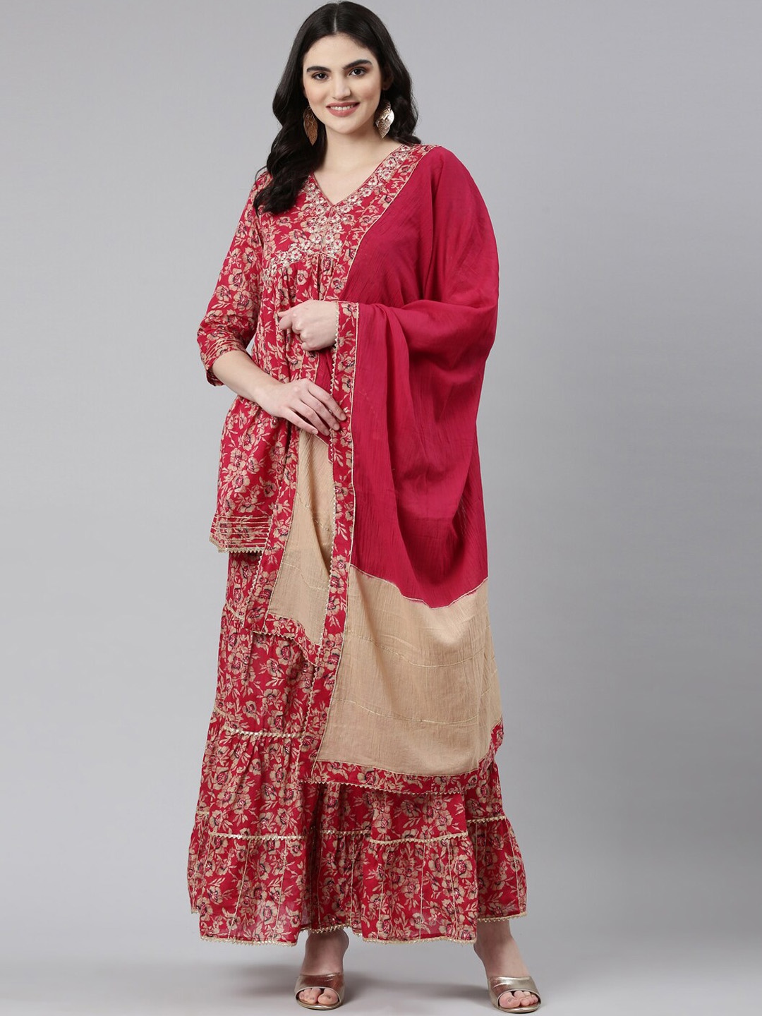 

Neerus Floral Printed Empire Thread Work Pure Cotton Kurti with Sharara & Dupatta, Magenta